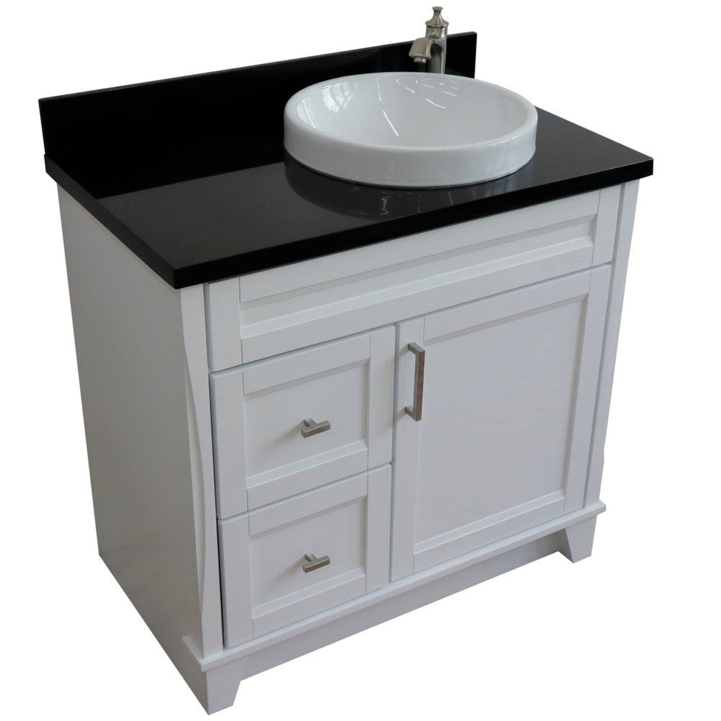 Bellaterra Home Terni 37" 1-Door 2-Drawer White Freestanding Vanity Set With Ceramic Right Offset Vessel Sink and Black Galaxy Granite Top, and Right Door Base