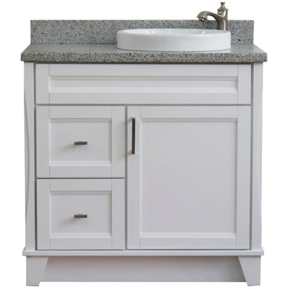 Bellaterra Home Terni 37" 1-Door 2-Drawer White Freestanding Vanity Set With Ceramic Right Offset Vessel Sink and Gray Granite Top, and Right Door Base