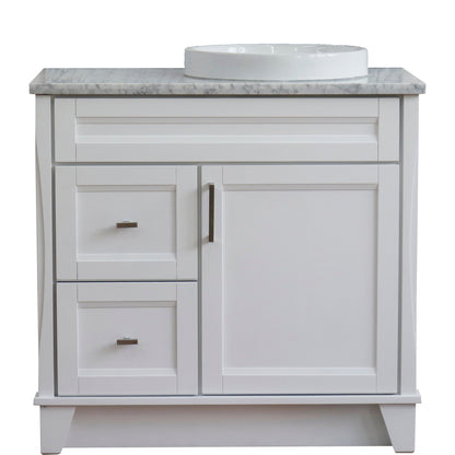 Bellaterra Home Terni 37" 1-Door 2-Drawer White Freestanding Vanity Set With Ceramic Right Offset Vessel Sink and White Carrara Marble Top, and Right Door Base