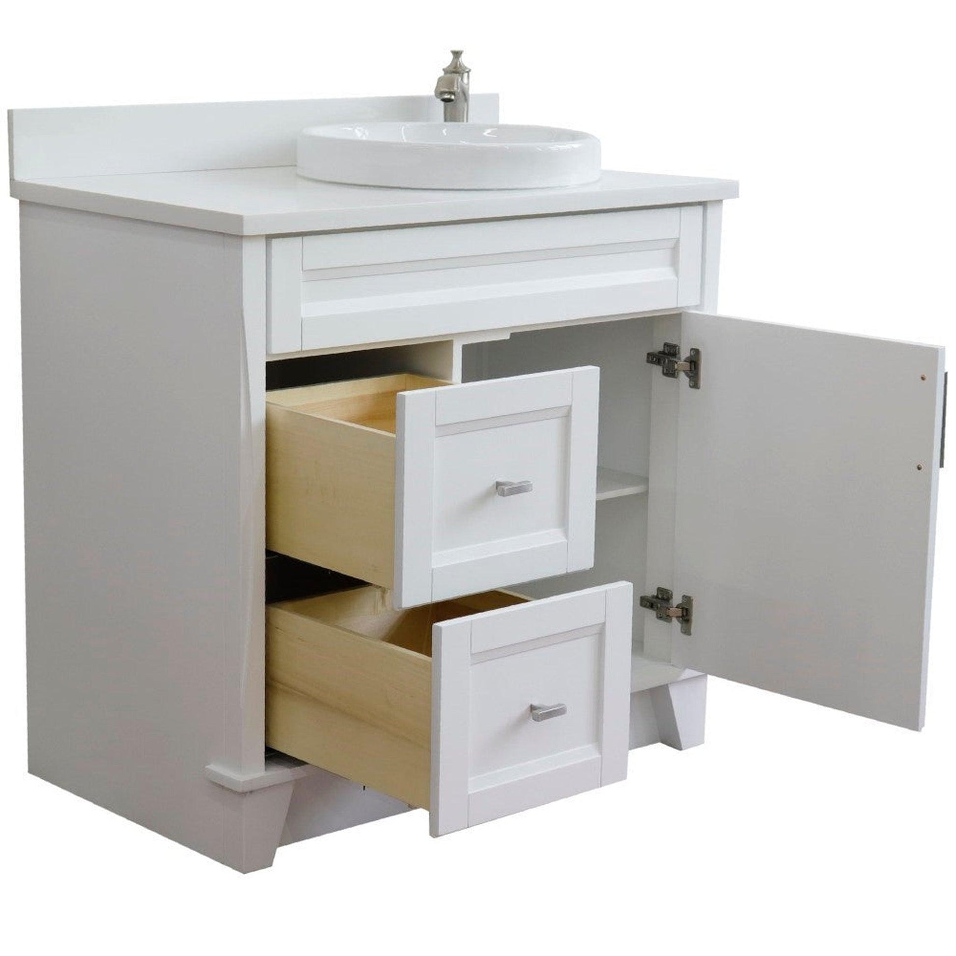 Bellaterra Home Terni 37" 1-Door 2-Drawer White Freestanding Vanity Set With Ceramic Right Offset Vessel Sink and White Quartz Top, and Right Door Base