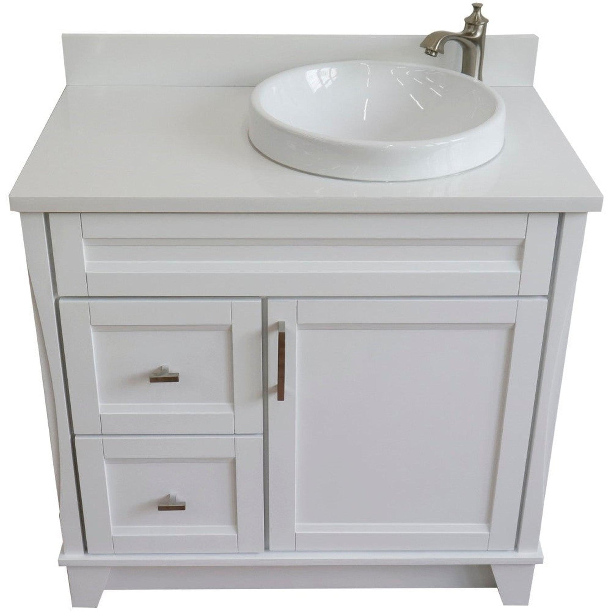 Bellaterra Home Terni 37" 1-Door 2-Drawer White Freestanding Vanity Set With Ceramic Right Offset Vessel Sink and White Quartz Top, and Right Door Base