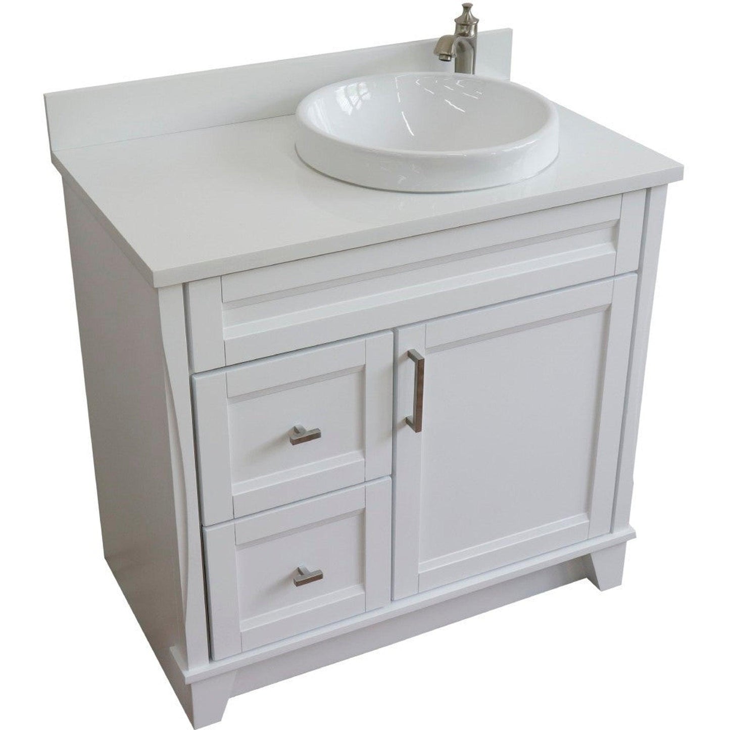 Bellaterra Home Terni 37" 1-Door 2-Drawer White Freestanding Vanity Set With Ceramic Right Offset Vessel Sink and White Quartz Top, and Right Door Base