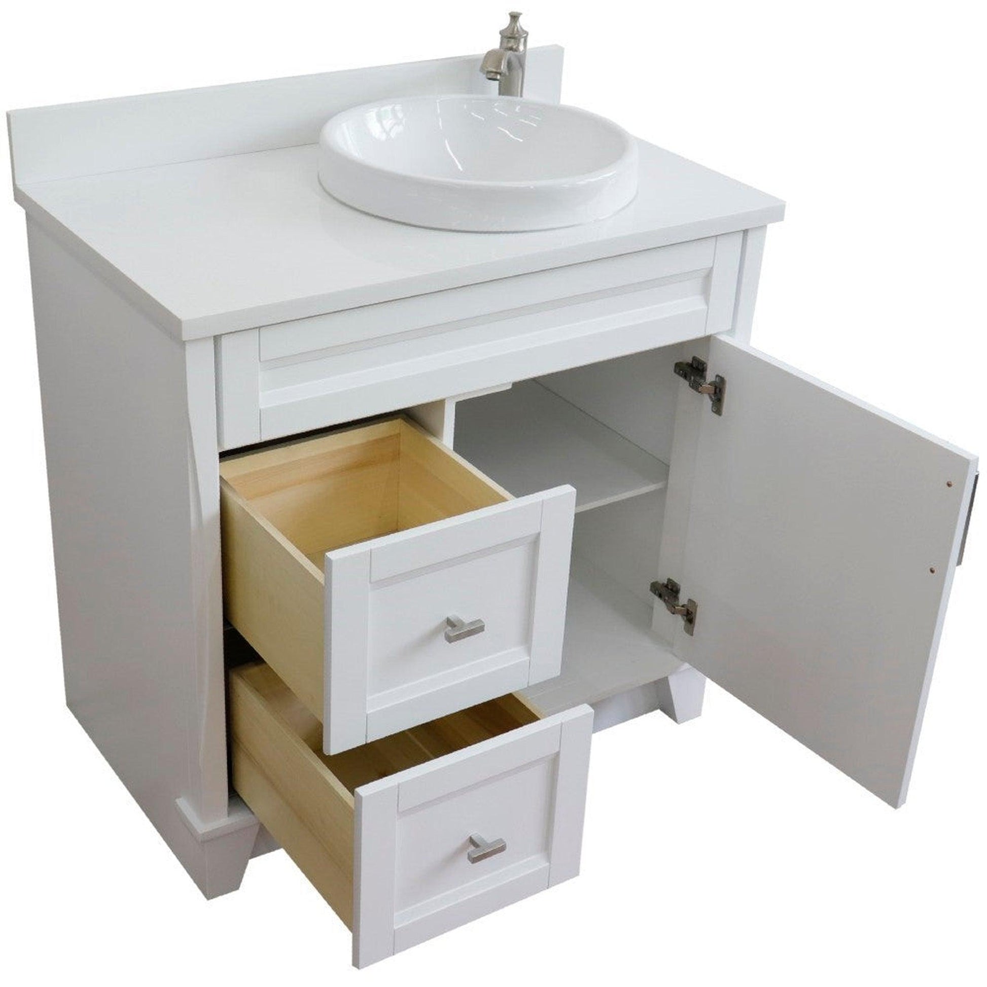 Bellaterra Home Terni 37" 1-Door 2-Drawer White Freestanding Vanity Set With Ceramic Right Offset Vessel Sink and White Quartz Top, and Right Door Base