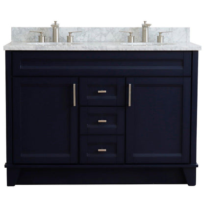 Bellaterra Home Terni 49" 2-Door 2-Drawer Blue Freestanding Vanity Set With Ceramic Double Undermount Oval Sink and White Carrara Marble Top