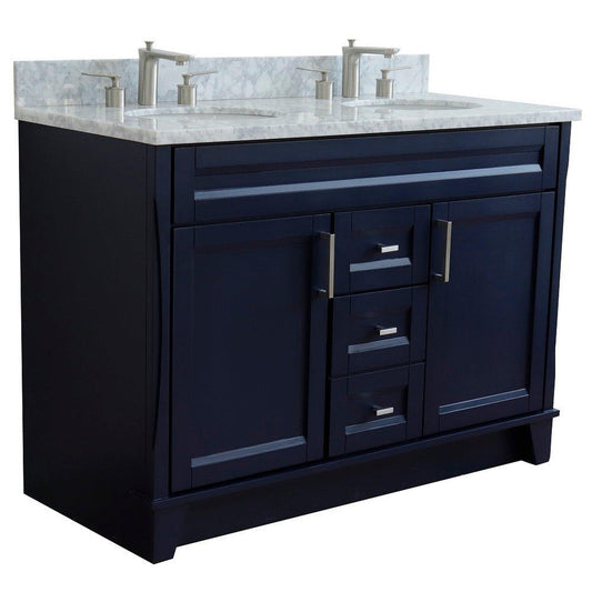 Bellaterra Home Terni 49" 2-Door 2-Drawer Blue Freestanding Vanity Set With Ceramic Double Undermount Oval Sink and White Carrara Marble Top
