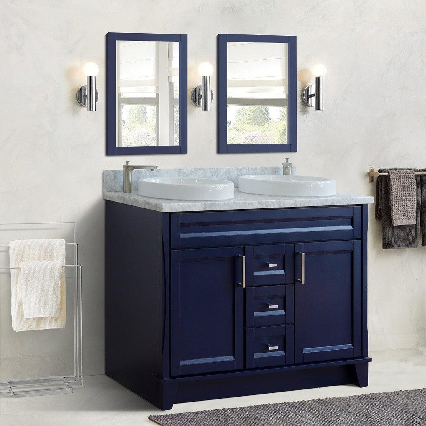 Bellaterra Home Terni 49" 2-Door 2-Drawer Blue Freestanding Vanity Set With Ceramic Double Vessel Sink and White Carrara Marble Top