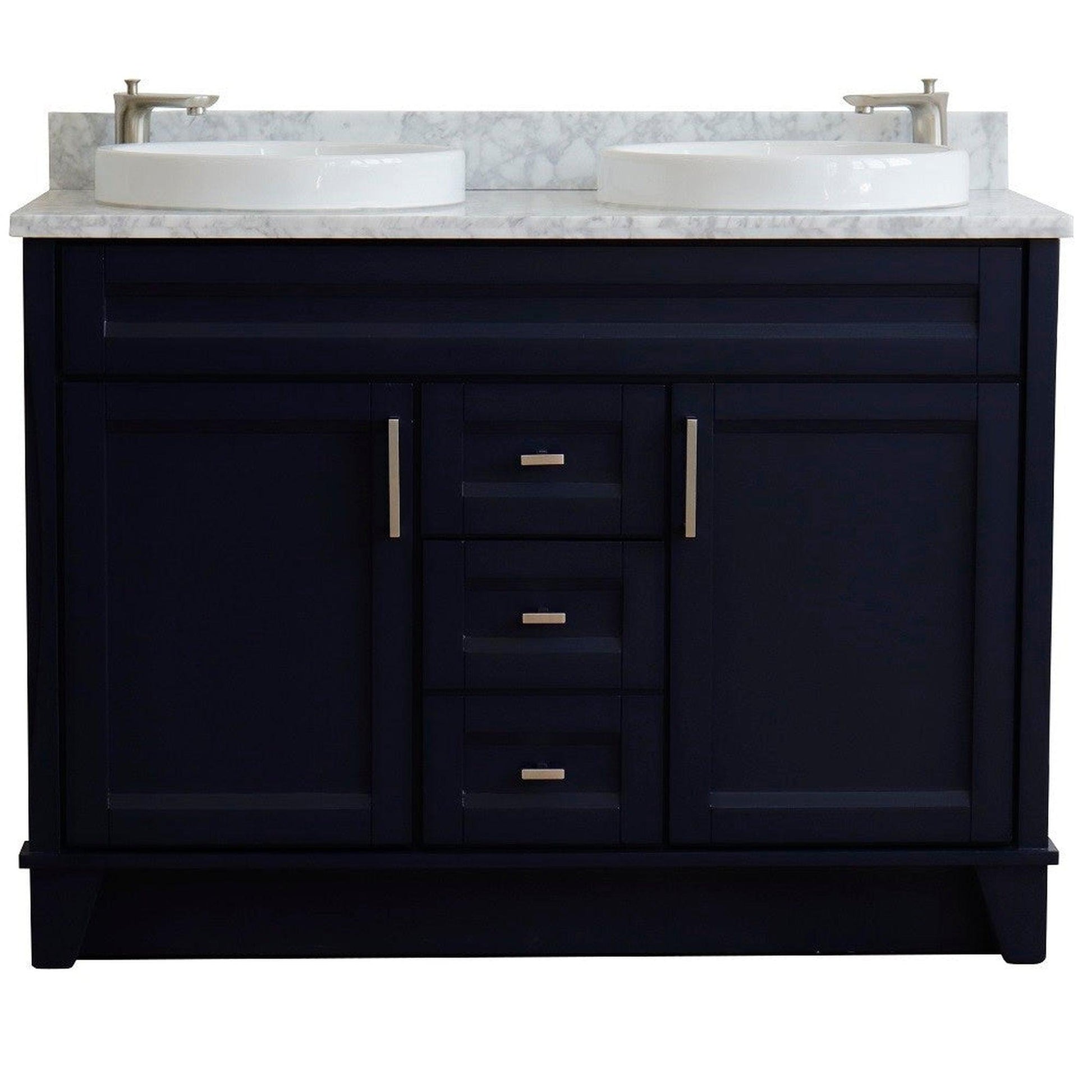 Bellaterra Home Terni 49" 2-Door 2-Drawer Blue Freestanding Vanity Set With Ceramic Double Vessel Sink and White Carrara Marble Top