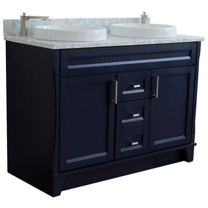 Bellaterra Home Terni 49" 2-Door 2-Drawer Blue Freestanding Vanity Set With Ceramic Double Vessel Sink and White Carrara Marble Top