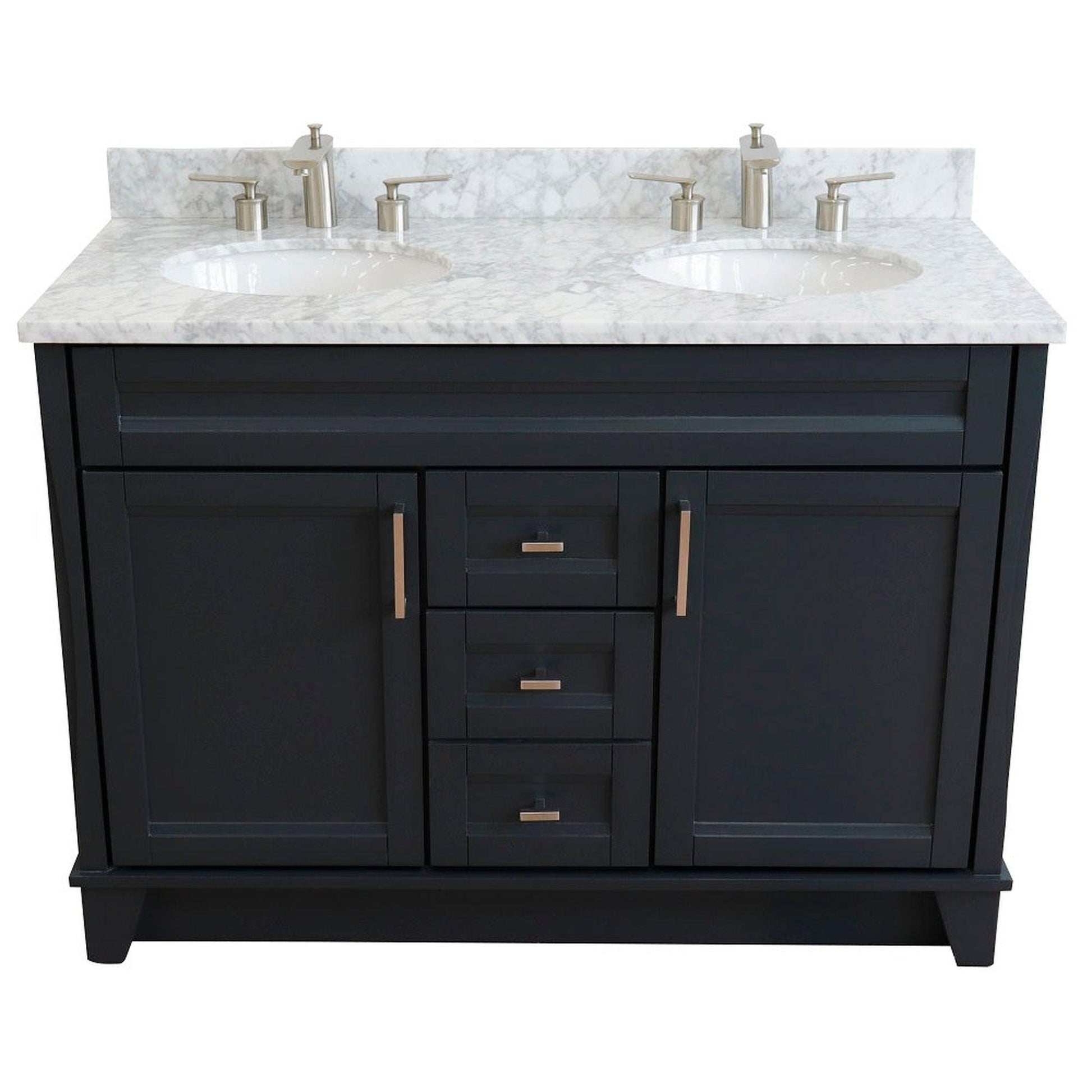 Bellaterra Home Terni 49" 2-Door 2-Drawer Dark Gray Freestanding Vanity Set With Ceramic Double Undermount Oval Sink and White Carrara Marble Top