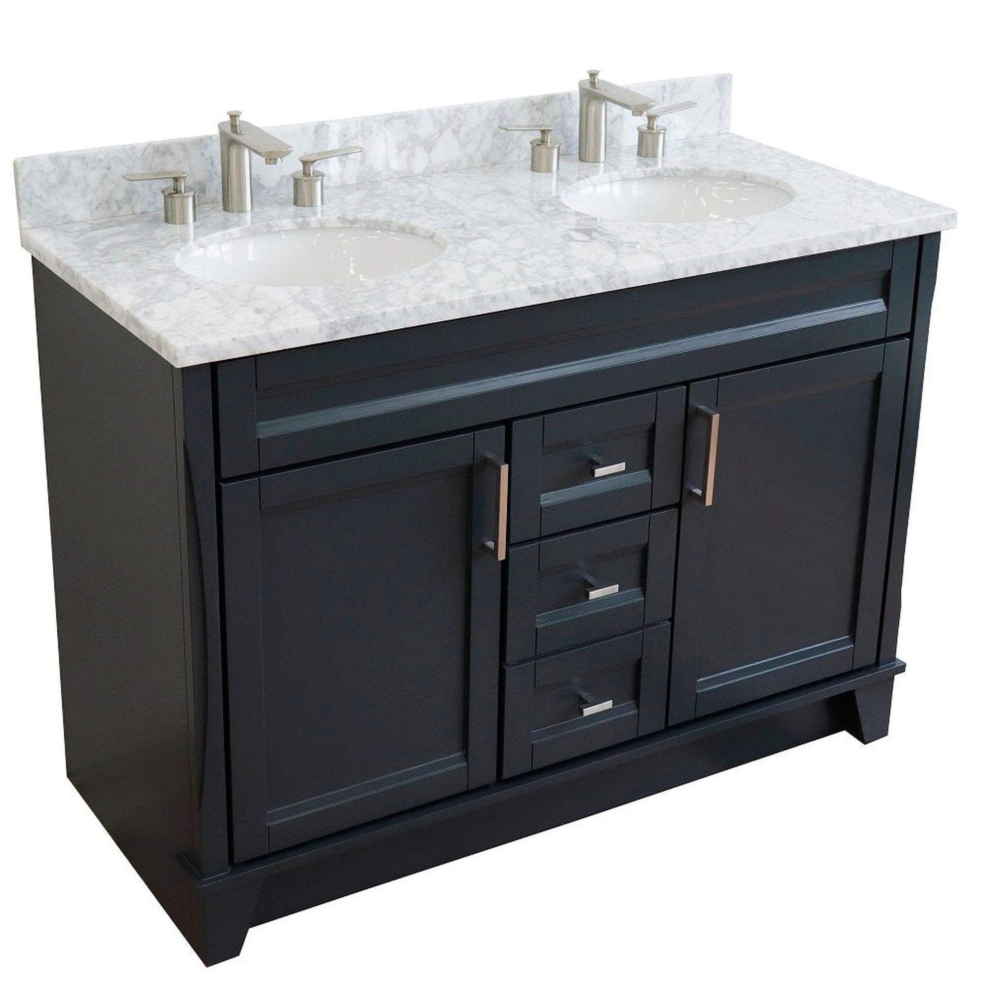 Bellaterra Home Terni 49" 2-Door 2-Drawer Dark Gray Freestanding Vanity Set With Ceramic Double Undermount Oval Sink and White Carrara Marble Top