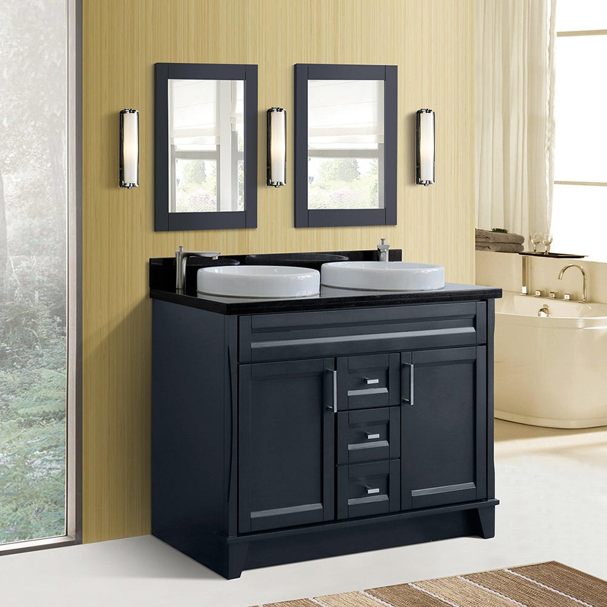 Bellaterra Home Terni 49" 2-Door 2-Drawer Dark Gray Freestanding Vanity Set With Ceramic Double Vessel Sink and Black Galaxy Granite Top