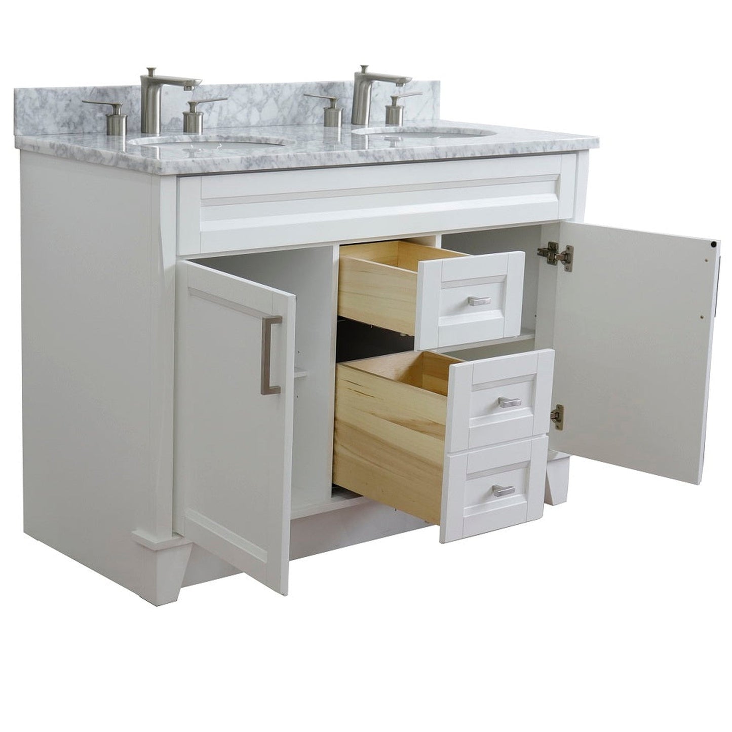 Bellaterra Home Terni 49" 2-Door 2-Drawer White Freestanding Vanity Set With Ceramic Double Undermount Oval Sink and White Carrara Marble Top