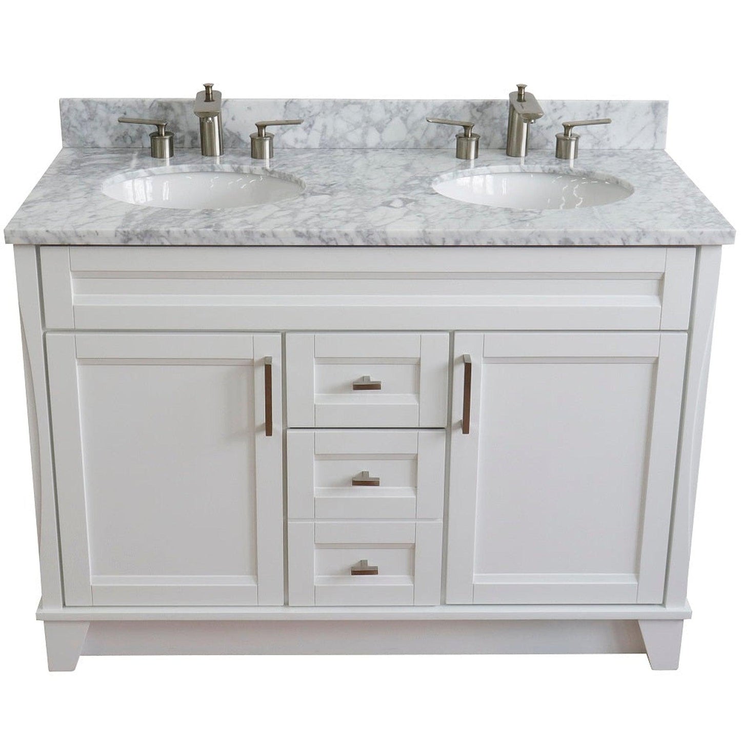 Bellaterra Home Terni 49" 2-Door 2-Drawer White Freestanding Vanity Set With Ceramic Double Undermount Oval Sink and White Carrara Marble Top