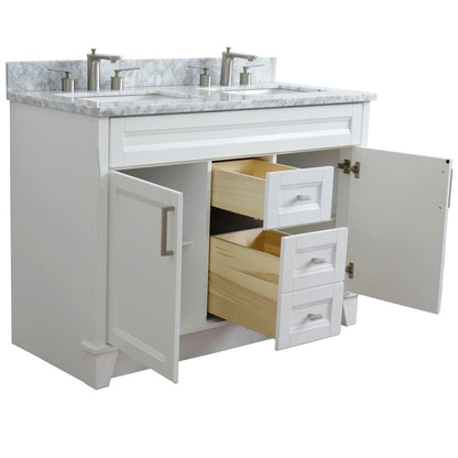 Bellaterra Home Terni 49" 2-Door 2-Drawer White Freestanding Vanity Set With Ceramic Double Undermount Rectangular Sink and White Carrara Marble Top