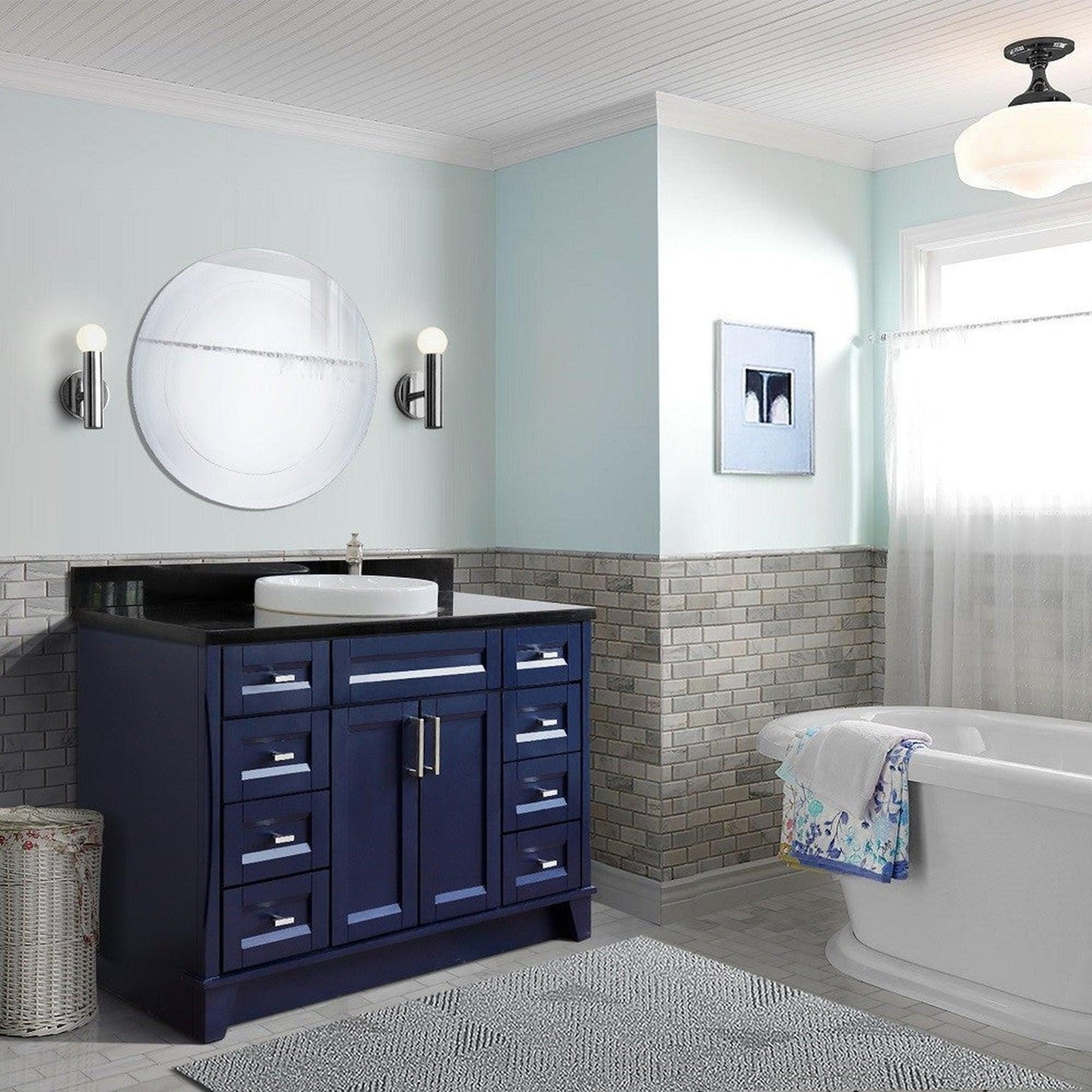 Bellaterra Home Terni 49" 2-Door 6-Drawer Blue Freestanding Vanity Set With Ceramic Vessel Sink and Black Galaxy Granite Top