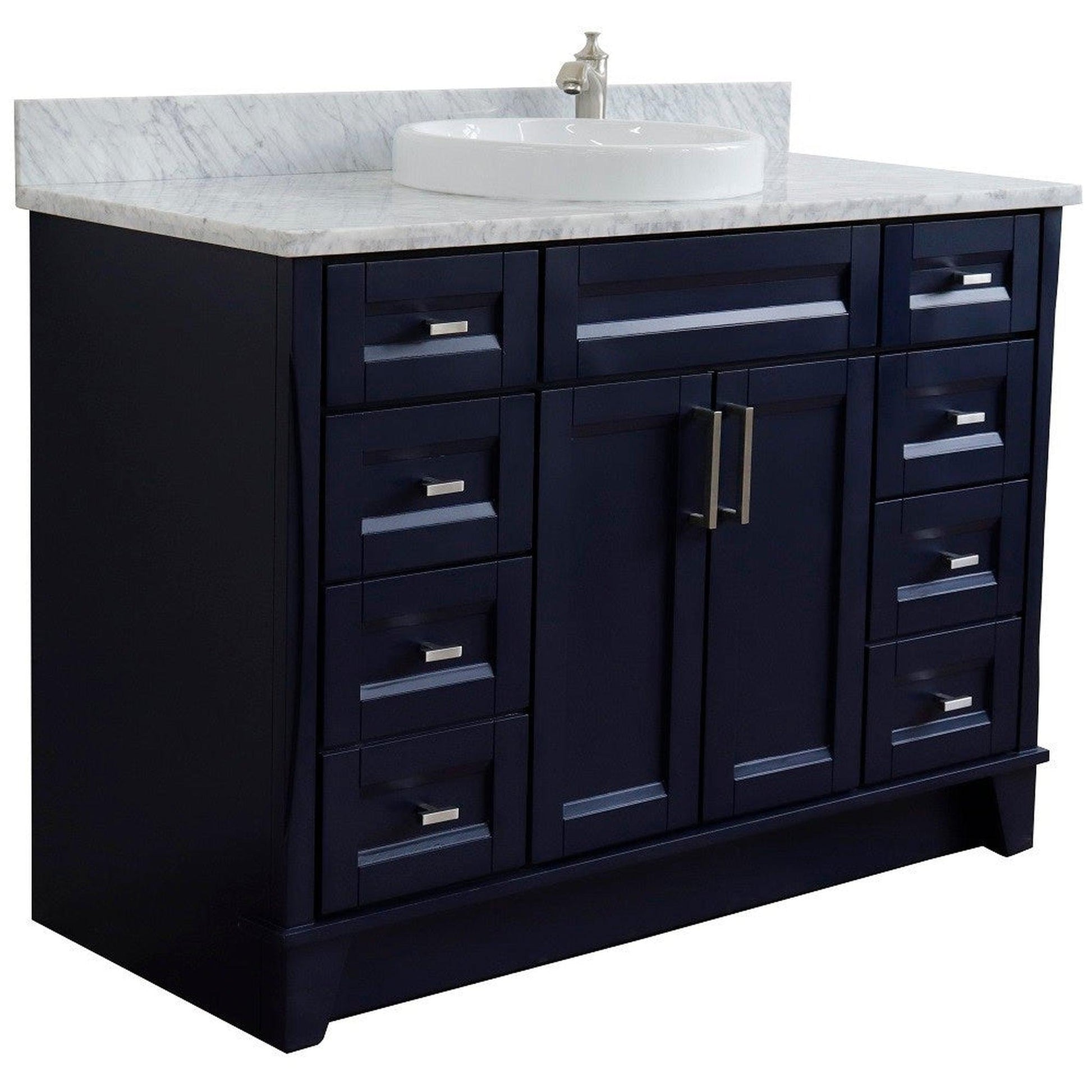 Bellaterra Home Terni 49" 2-Door 6-Drawer Blue Freestanding Vanity Set With Ceramic Vessel Sink and White Carrara Marble Top