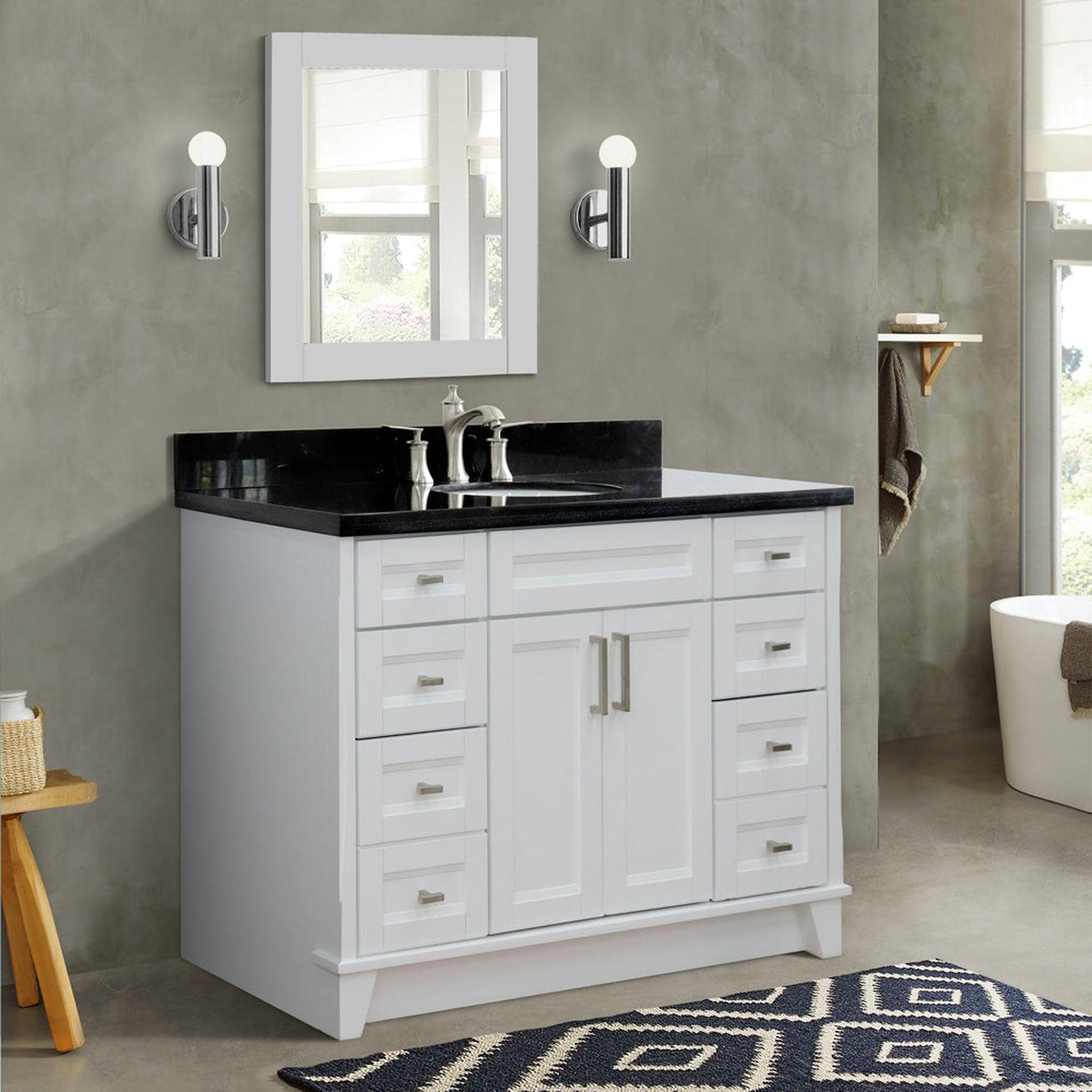 Bellaterra Home Terni 49" 2-Door 6-Drawer White Freestanding Vanity Set With Ceramic Undermount Oval Sink and Black Galaxy Granite Top