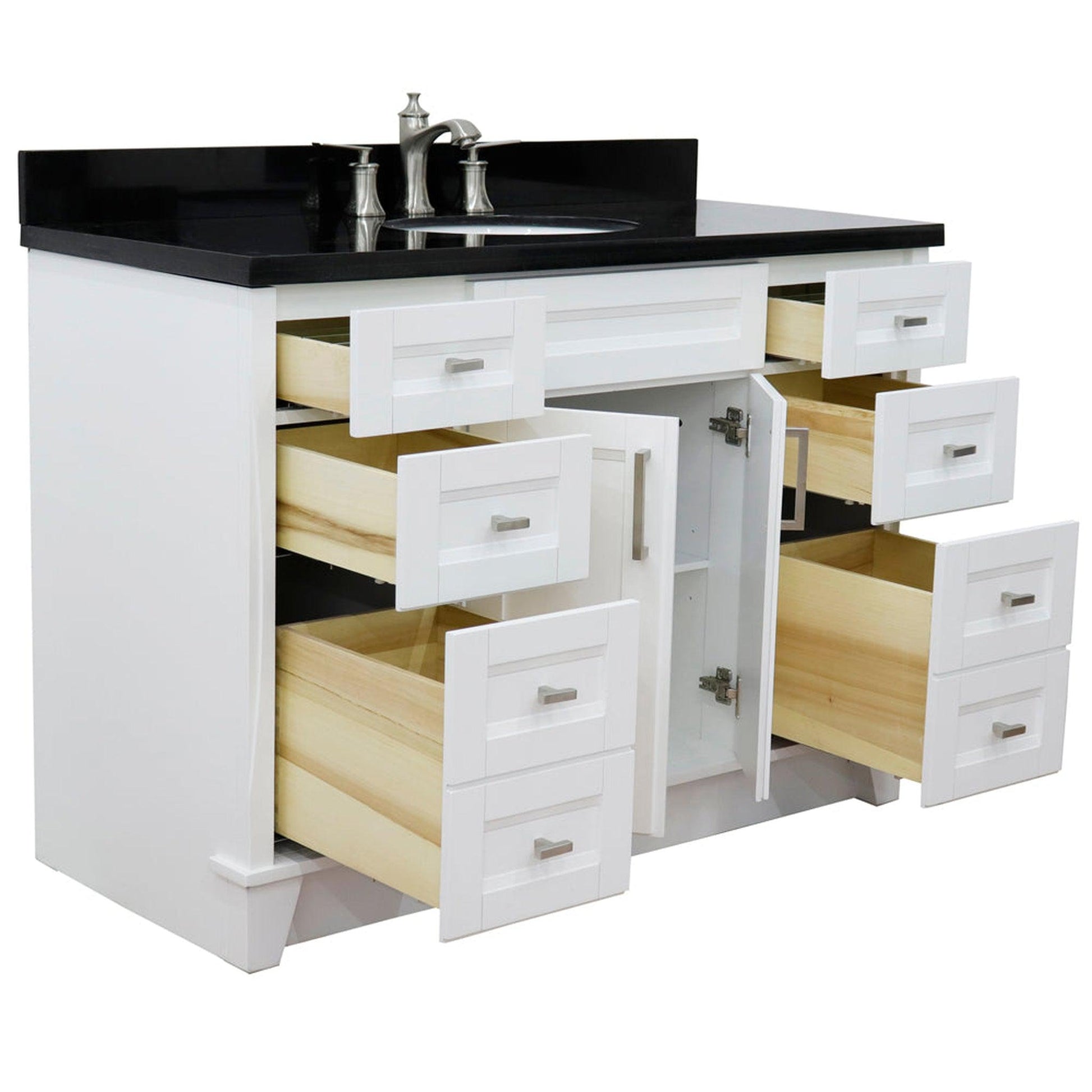 Bellaterra Home Terni 49" 2-Door 6-Drawer White Freestanding Vanity Set With Ceramic Undermount Oval Sink and Black Galaxy Granite Top