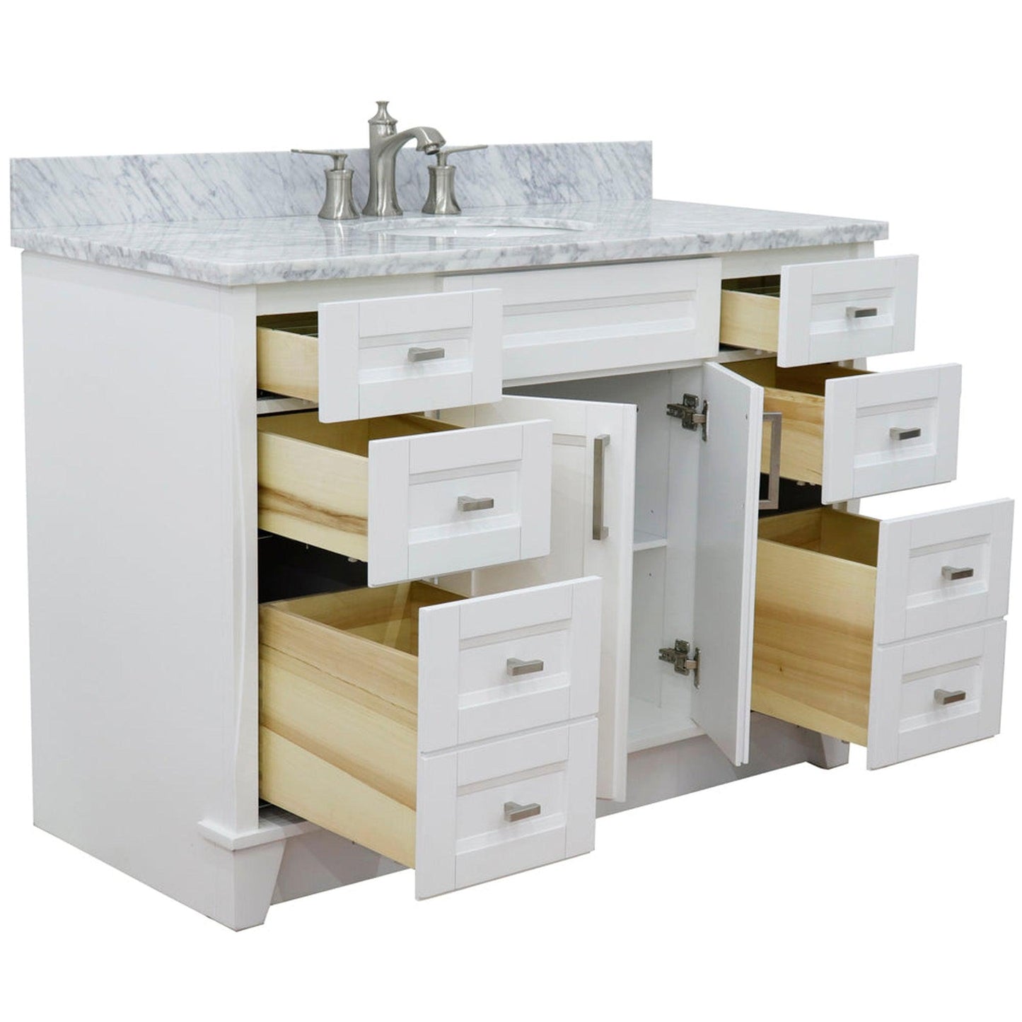 Bellaterra Home Terni 49" 2-Door 6-Drawer White Freestanding Vanity Set With Ceramic Undermount Oval Sink and White Carrara Marble Top