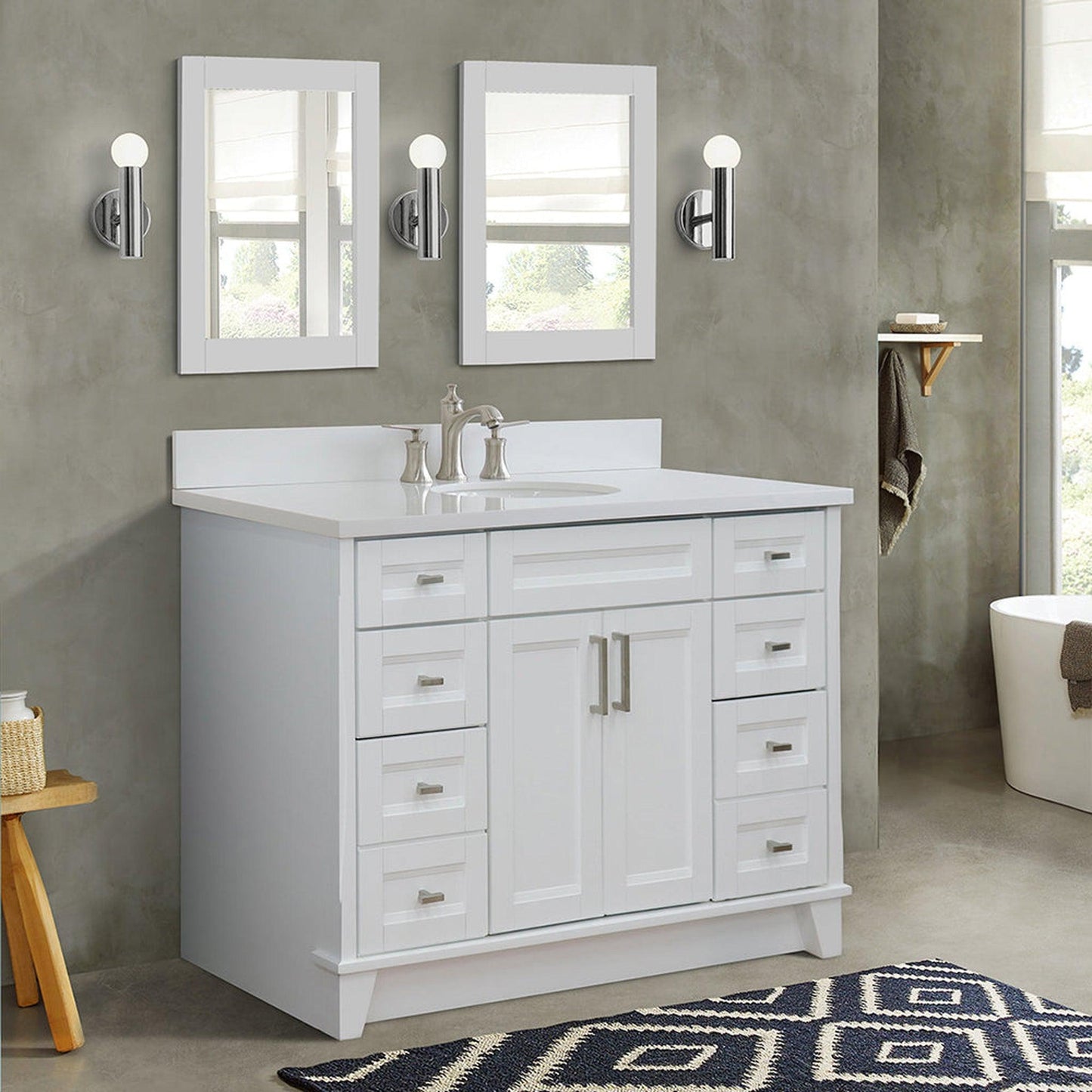 Bellaterra Home Terni 49" 2-Door 6-Drawer White Freestanding Vanity Set With Ceramic Undermount Oval Sink and White Quartz Top