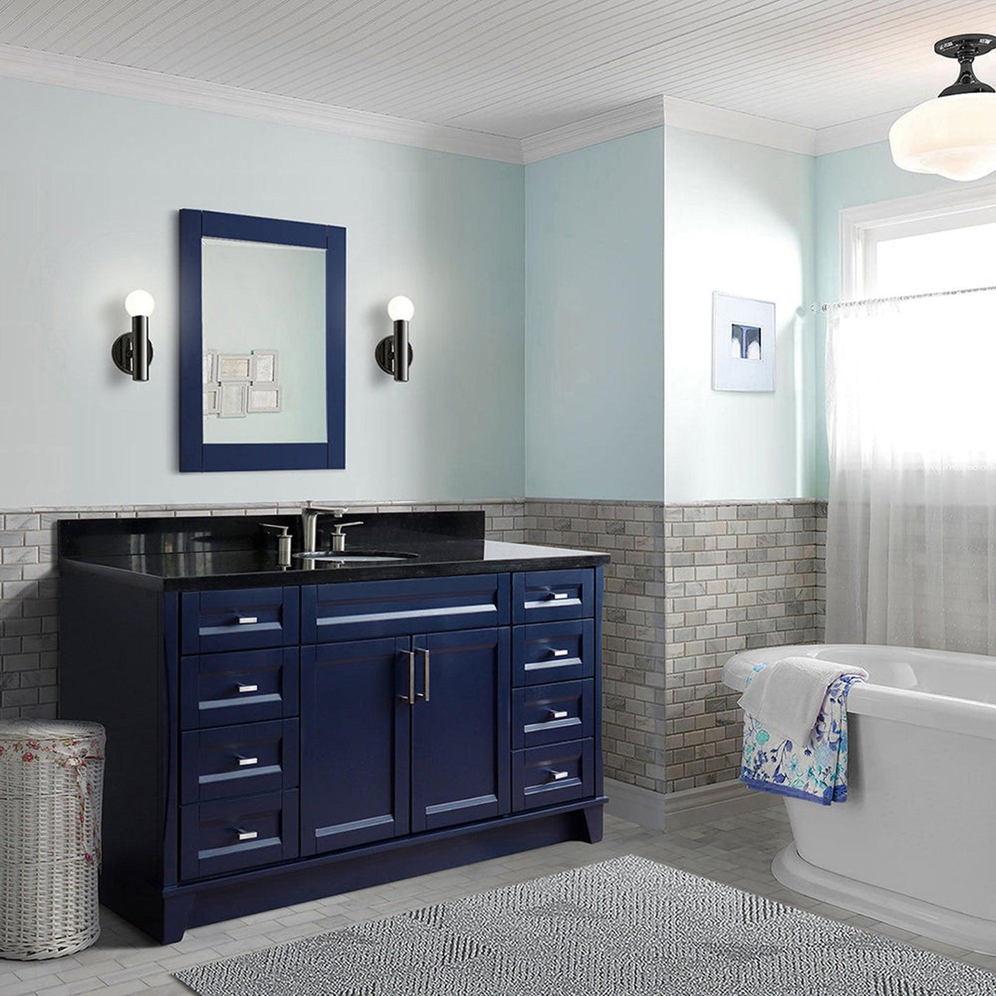 Bellaterra Home Terni 61" 2-Door 6-Drawer Blue Freestanding Vanity Set With Ceramic Undermount Oval Sink And Black Galaxy Granite Top