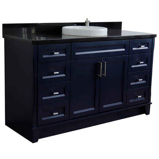 Bellaterra Home Terni 61" 2-Door 6-Drawer Blue Freestanding Vanity Set With Ceramic Vessel Sink And Black Galaxy Granite Top