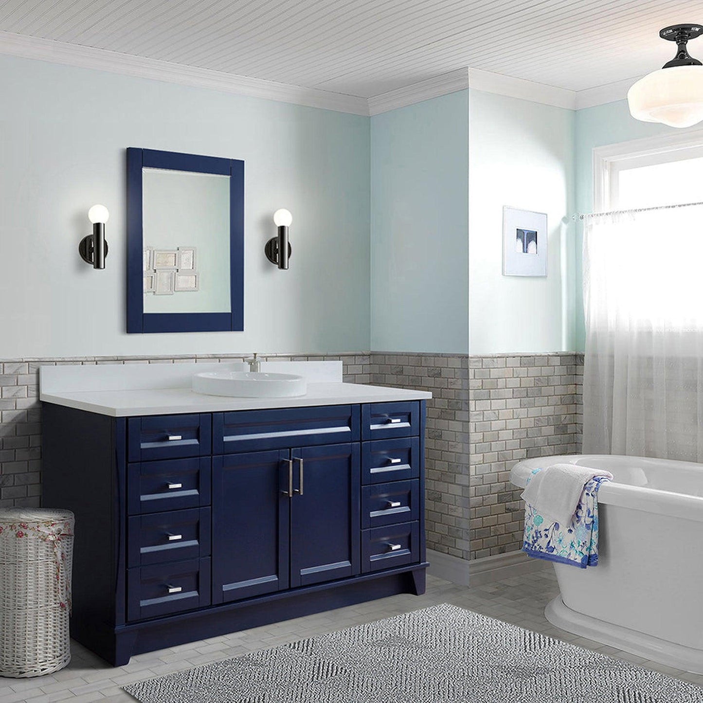 Bellaterra Home Terni 61" 2-Door 6-Drawer Blue Freestanding Vanity Set With Ceramic Vessel Sink And White Quartz Top