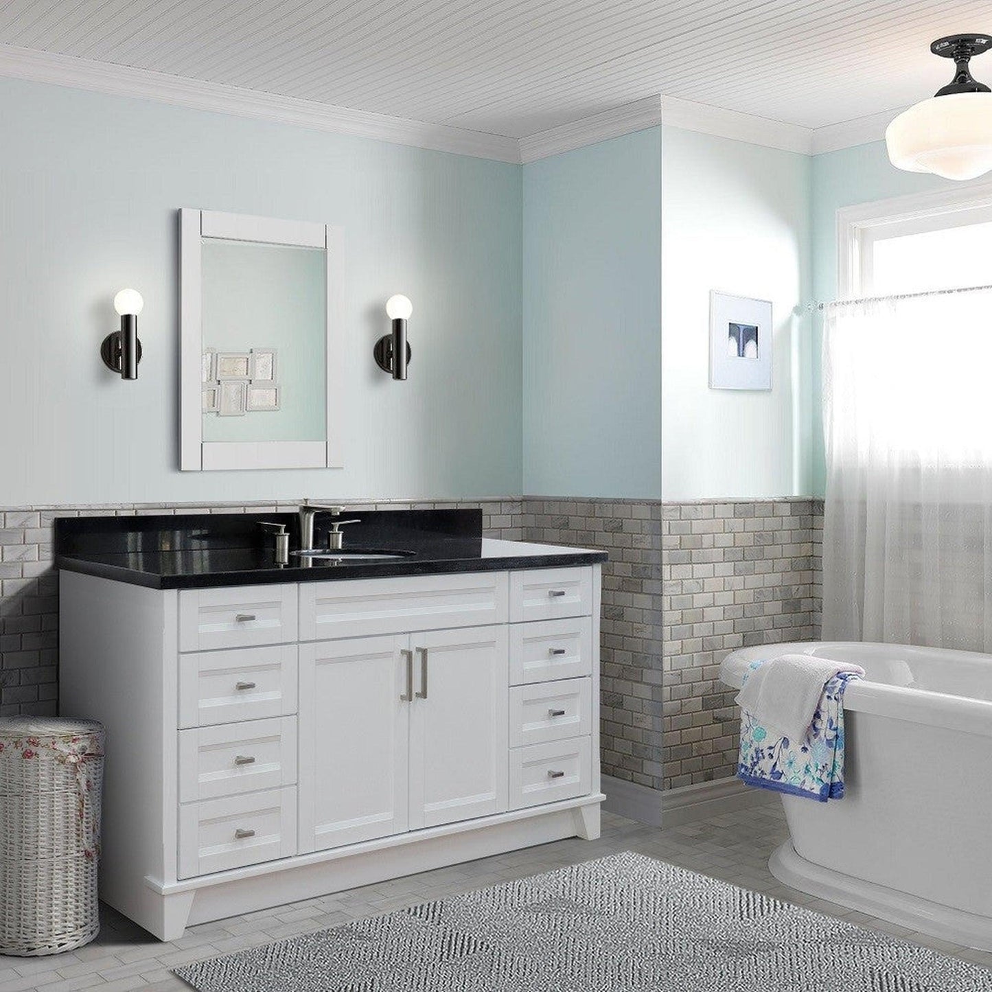 Bellaterra Home Terni 61" 2-Door 6-Drawer White Freestanding Vanity Set With Ceramic Undermount Oval Sink And Black Galaxy Granite Top