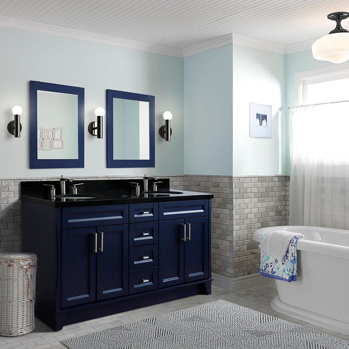 Bellaterra Home Terni 61" 4-Door 3-Drawer Blue Freestanding Vanity Set With Ceramic Double Undermount Oval Sink And Black Galaxy Granite Top