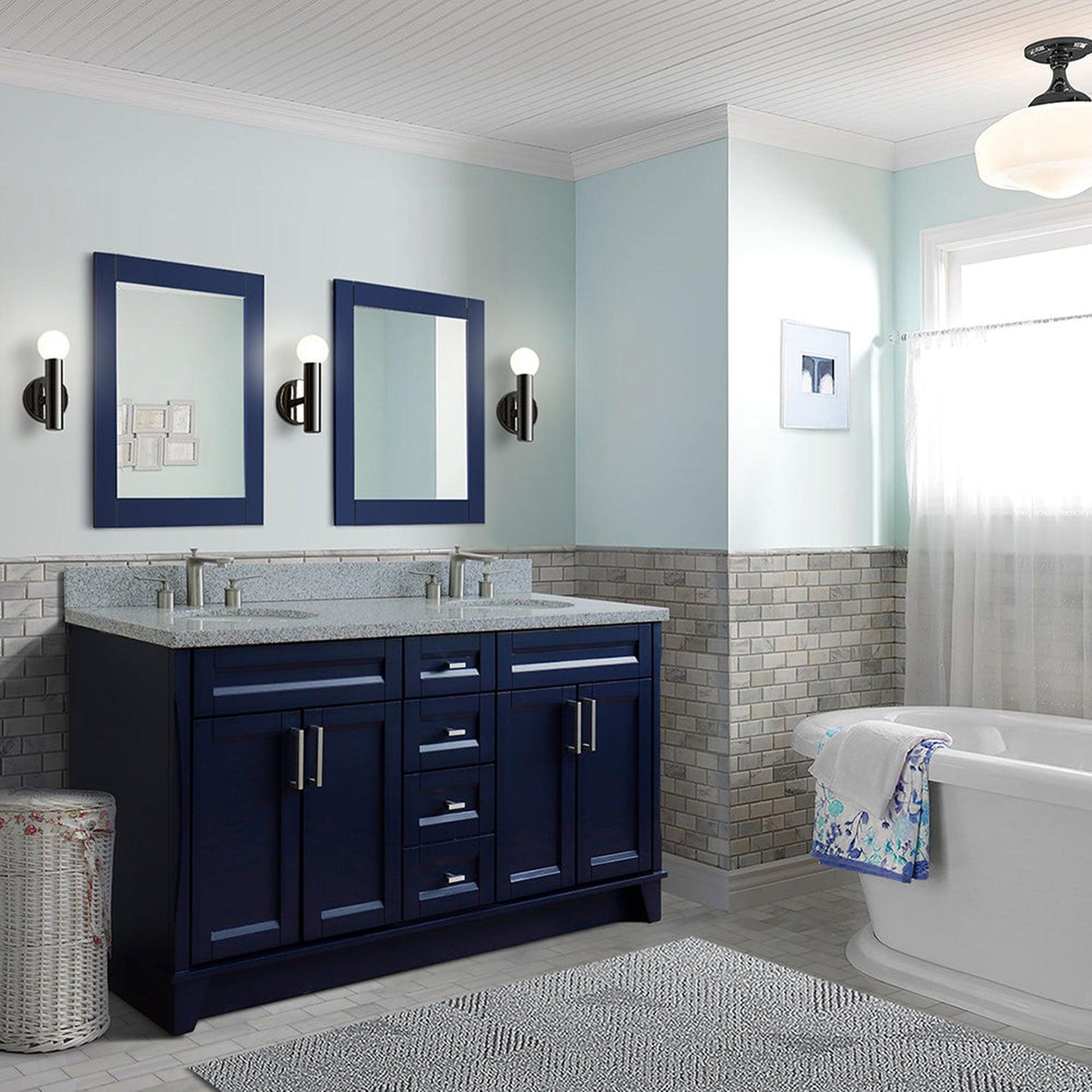 Bellaterra Home Terni 61" 4-Door 3-Drawer Blue Freestanding Vanity Set With Ceramic Double Undermount Oval Sink And Gray Granite Top