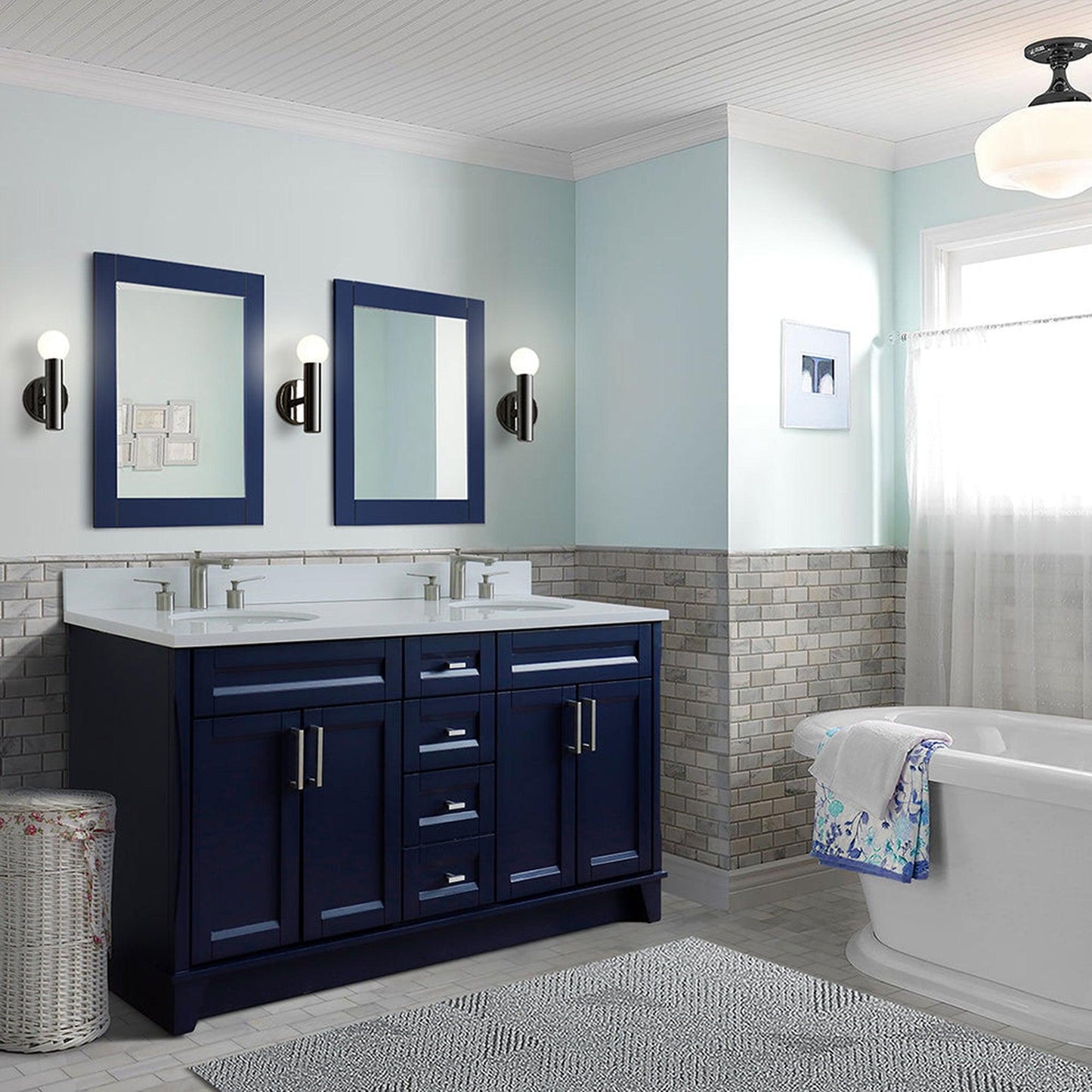 Bellaterra Home Terni 61" 4-Door 3-Drawer Blue Freestanding Vanity Set With Ceramic Double Undermount Oval Sink And White Quartz Top
