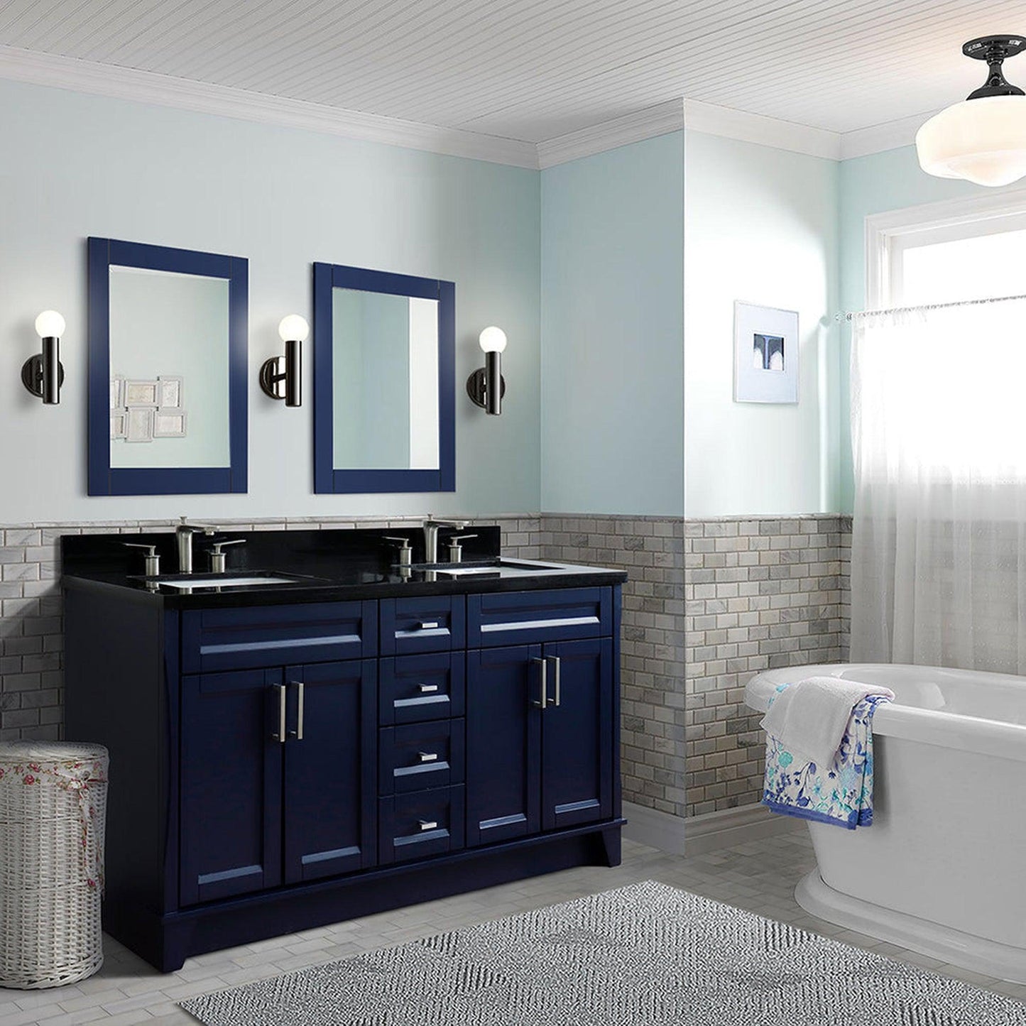 Bellaterra Home Terni 61" 4-Door 3-Drawer Blue Freestanding Vanity Set With Ceramic Double Undermount Rectangular Sink And Black Galaxy Granite Top