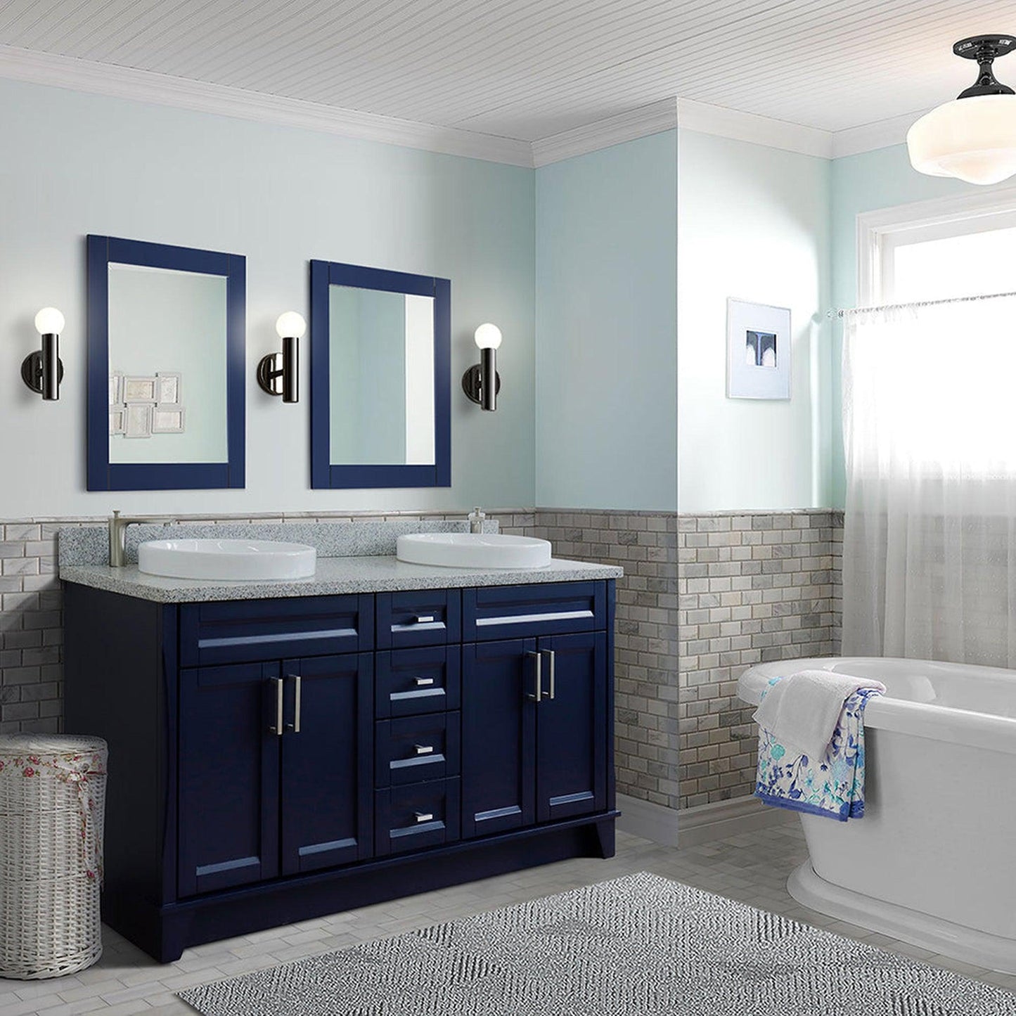 Bellaterra Home Terni 61" 4-Door 3-Drawer Blue Freestanding Vanity Set With Ceramic Double Vessel Sink And Gray Granite Top