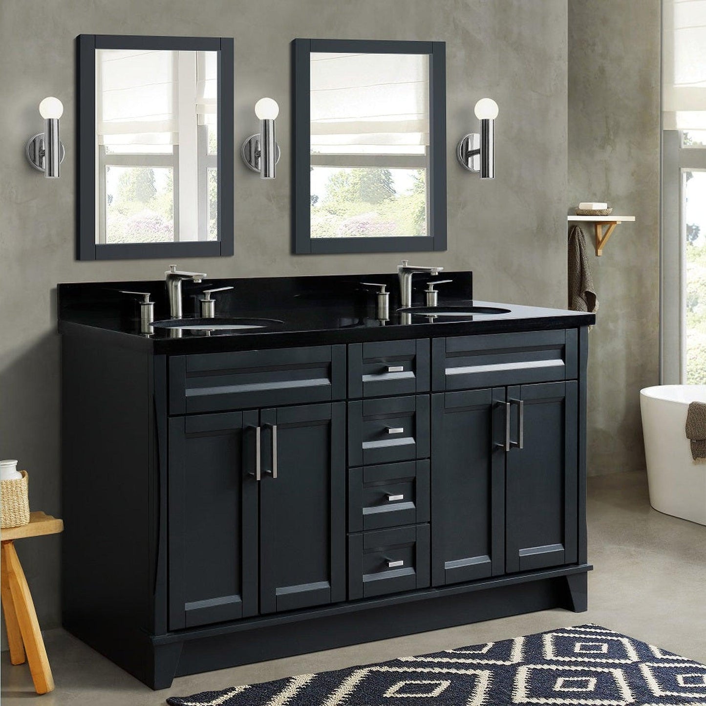 Bellaterra Home Terni 61" 4-Door 3-Drawer Dark Gray Freestanding Vanity Set With Ceramic Double Undermount Oval Sink And Black Galaxy Granite Top