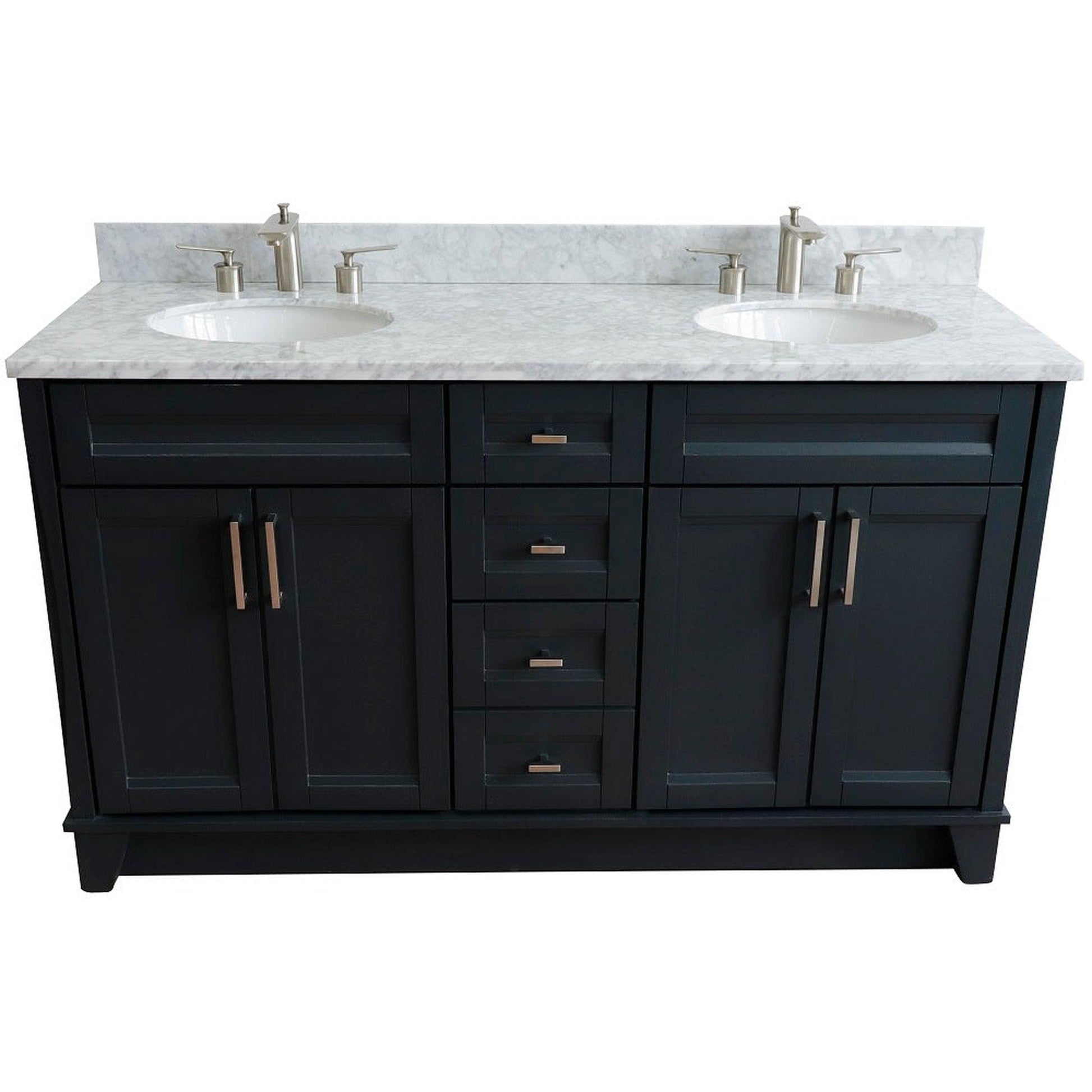 Bellaterra Home Terni 61" 4-Door 3-Drawer Dark Gray Freestanding Vanity Set With Ceramic Double Undermount Oval Sink And White Carrara Marble Top