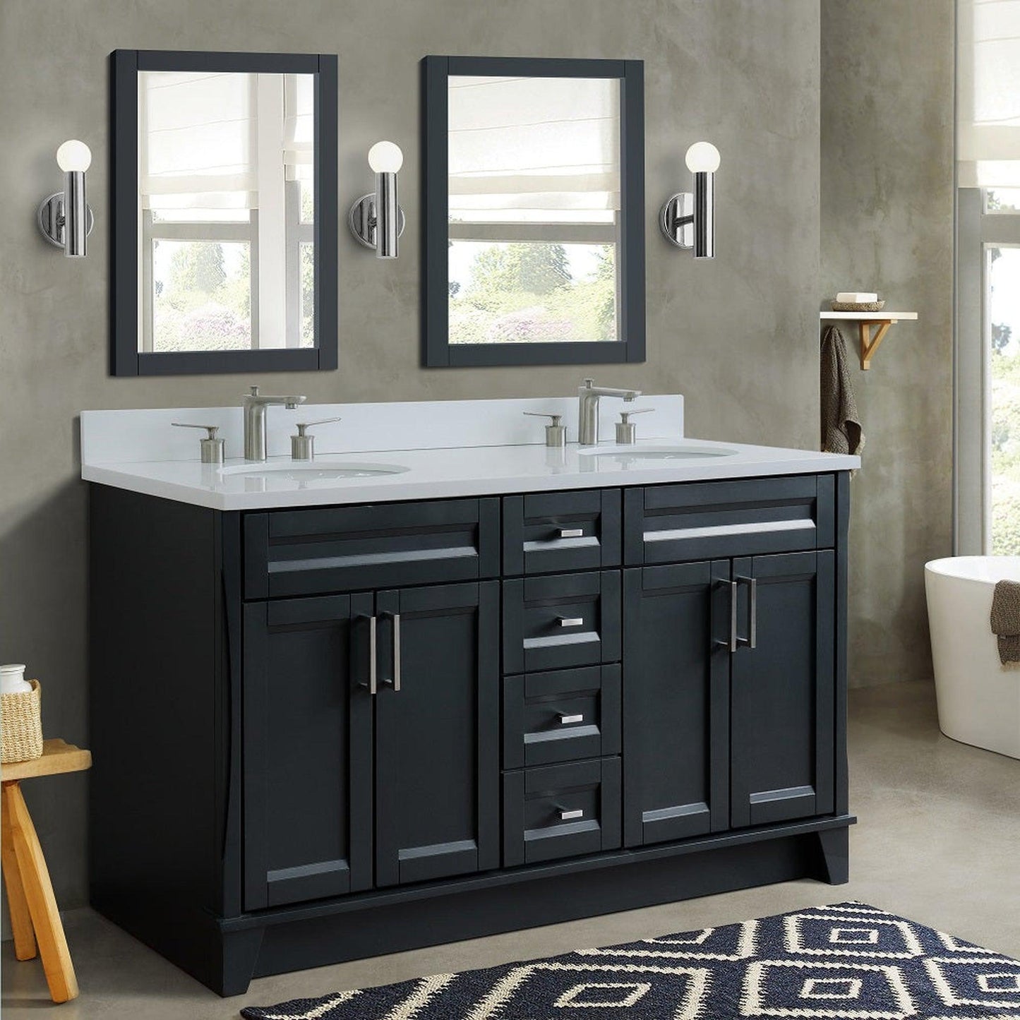Bellaterra Home Terni 61" 4-Door 3-Drawer Dark Gray Freestanding Vanity Set With Ceramic Double Undermount Oval Sink And White Quartz Top