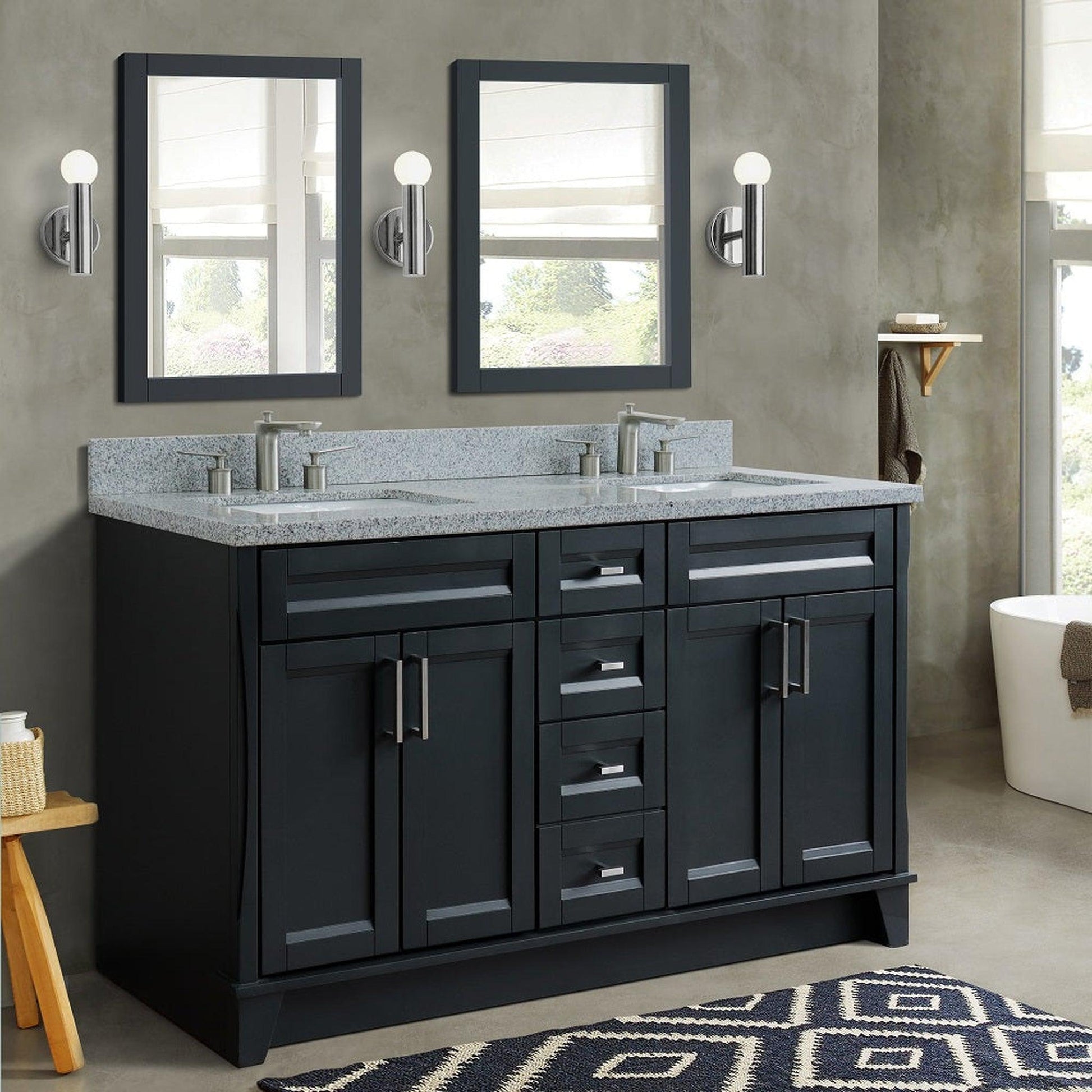 Bellaterra Home Terni 61" 4-Door 3-Drawer Dark Gray Freestanding Vanity Set With Ceramic Double Undermount Rectangular Sink And Gray Granite Top