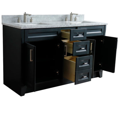 Bellaterra Home Terni 61" 4-Door 3-Drawer Dark Gray Freestanding Vanity Set With Ceramic Double Undermount Rectangular Sink And White Carrara Marble Top