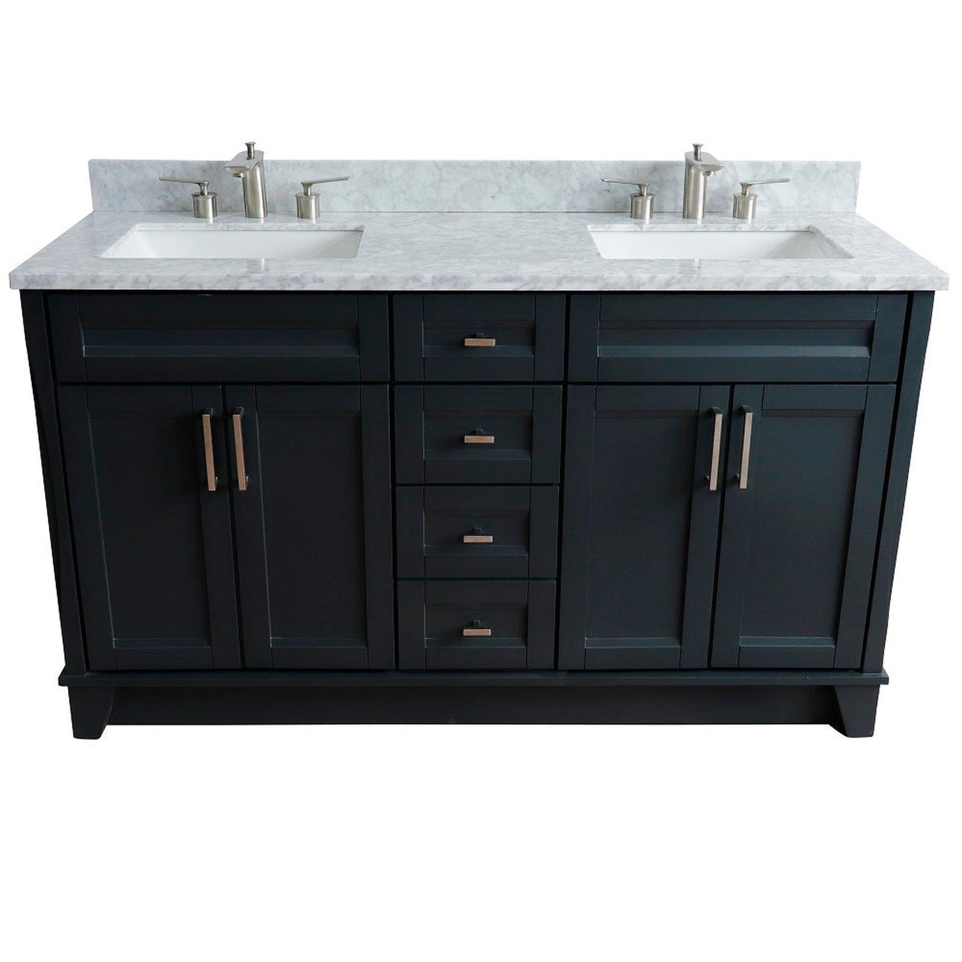 Bellaterra Home Terni 61" 4-Door 3-Drawer Dark Gray Freestanding Vanity Set With Ceramic Double Undermount Rectangular Sink And White Carrara Marble Top