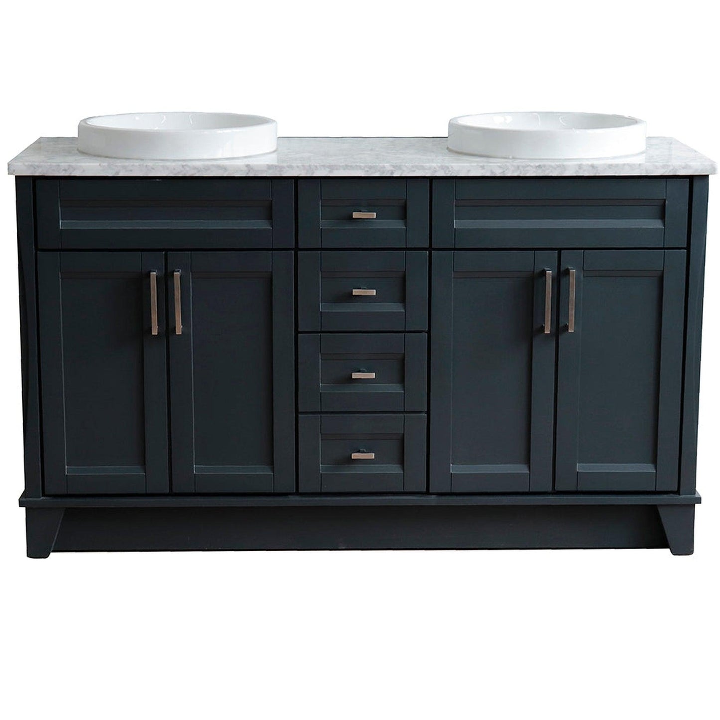 Bellaterra Home Terni 61" 4-Door 3-Drawer Dark Gray Freestanding Vanity Set With Ceramic Double Vessel Sink And White Carrara Marble Top