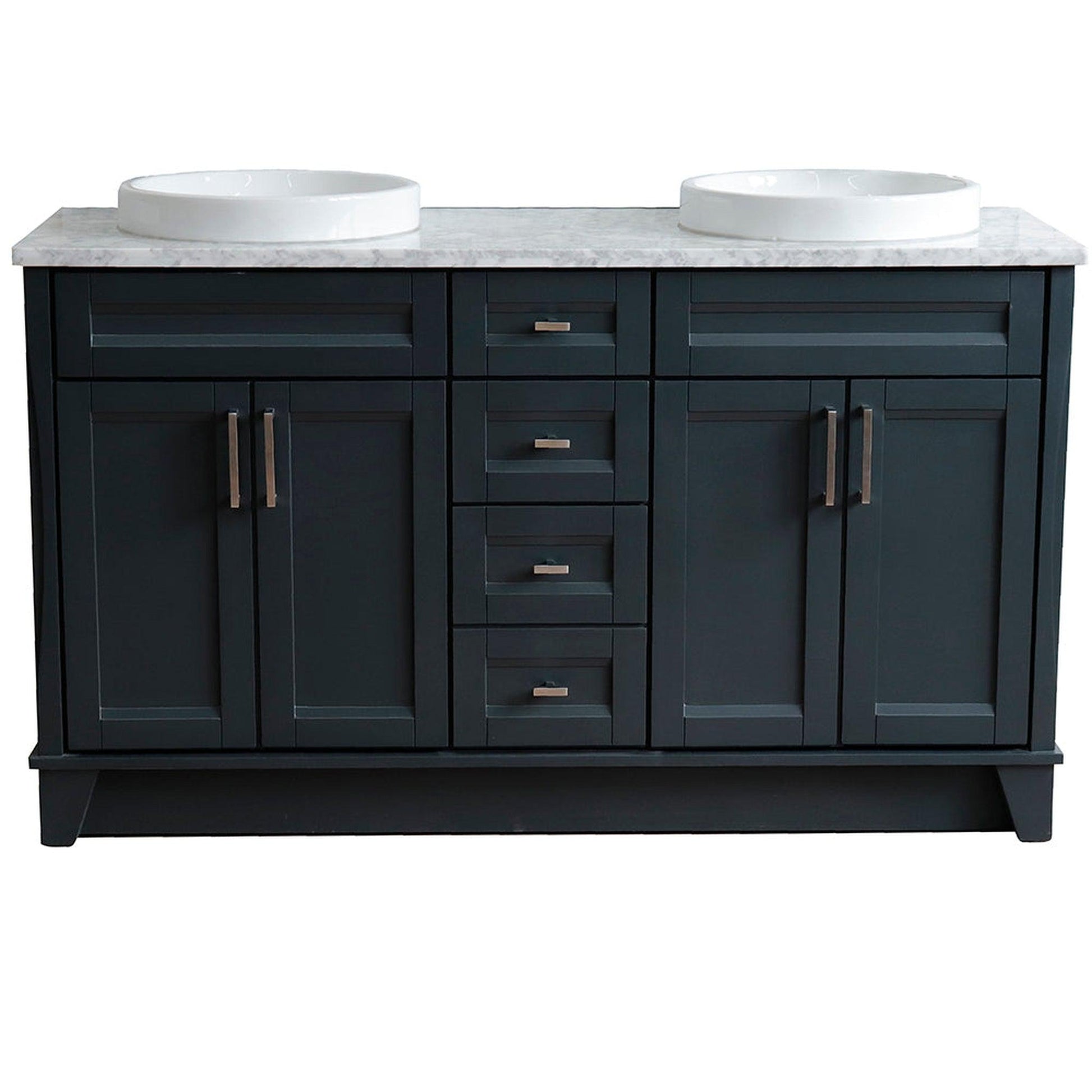 Bellaterra Home Terni 61" 4-Door 3-Drawer Dark Gray Freestanding Vanity Set With Ceramic Double Vessel Sink And White Carrara Marble Top