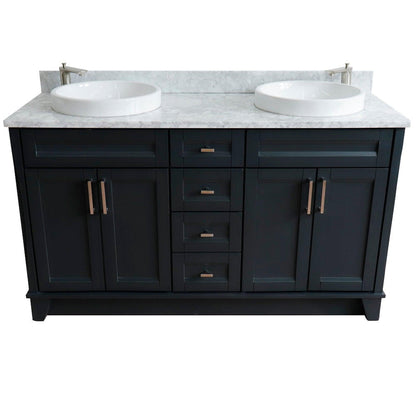 Bellaterra Home Terni 61" 4-Door 3-Drawer Dark Gray Freestanding Vanity Set With Ceramic Double Vessel Sink And White Carrara Marble Top