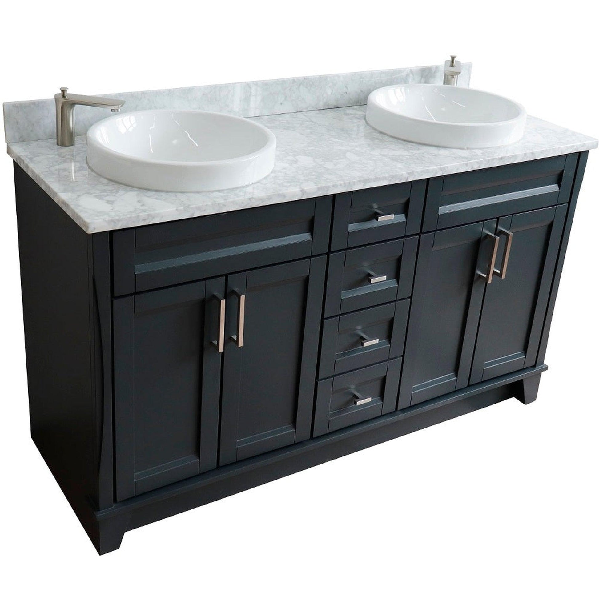 Bellaterra Home Terni 61" 4-Door 3-Drawer Dark Gray Freestanding Vanity Set With Ceramic Double Vessel Sink And White Carrara Marble Top