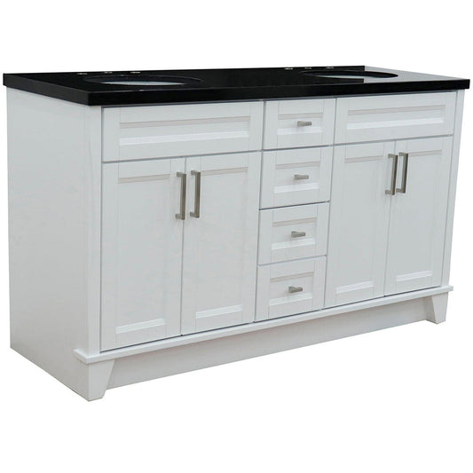 Bellaterra Home Terni 61" 4-Door 3-Drawer White Freestanding Vanity Set With Ceramic Double Undermount Oval Sink And Black Galaxy Granite Top