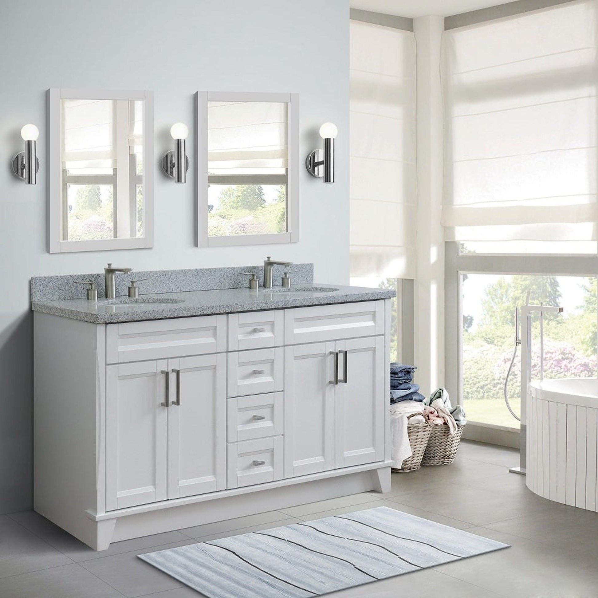 Bellaterra Home Terni 61" 4-Door 3-Drawer White Freestanding Vanity Set With Ceramic Double Undermount Oval Sink And Gray Granite Top
