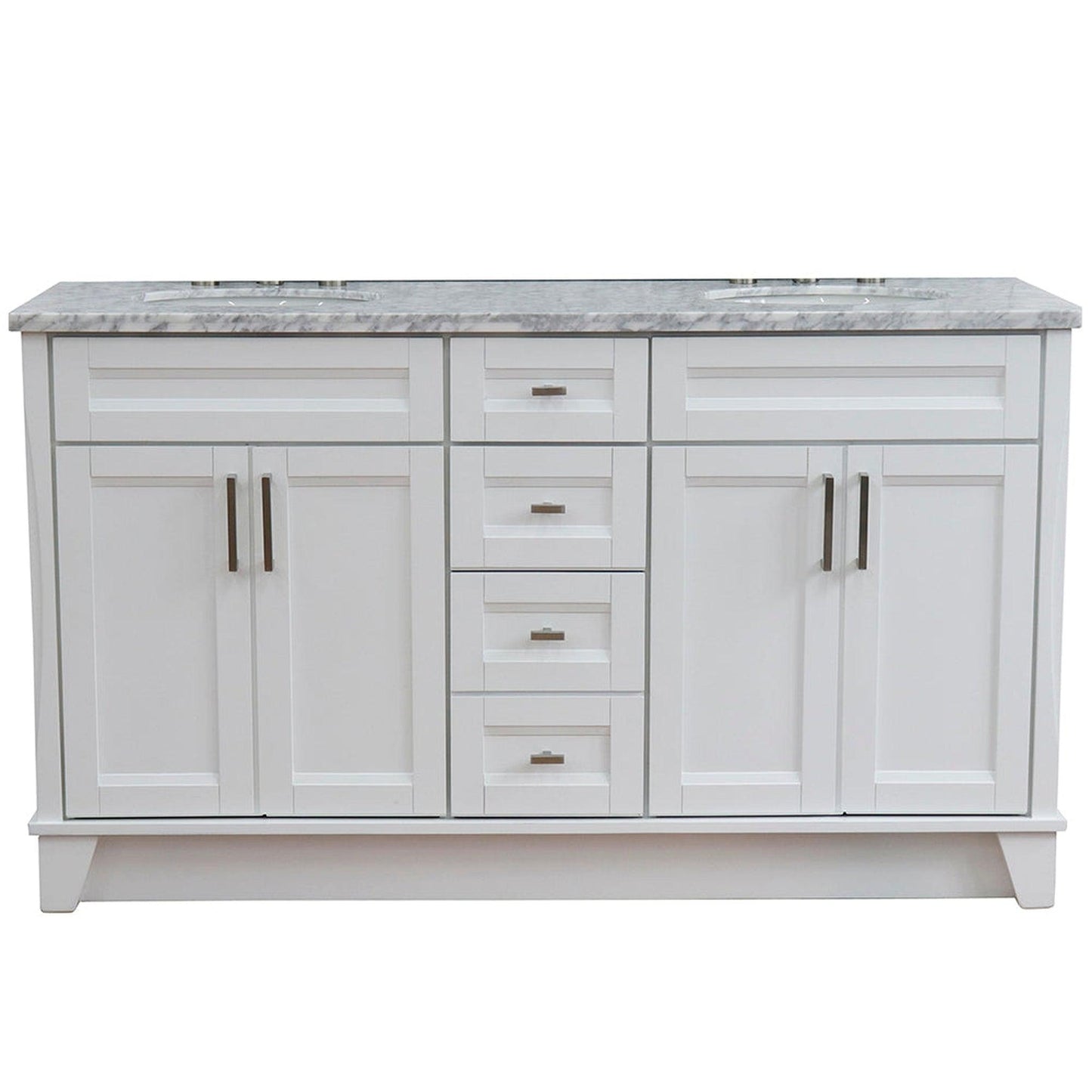 Bellaterra Home Terni 61" 4-Door 3-Drawer White Freestanding Vanity Set With Ceramic Double Undermount Oval Sink And White Carrara Marble Top