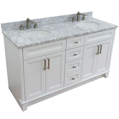 Bellaterra Home Terni 61" 4-Door 3-Drawer White Freestanding Vanity Set With Ceramic Double Undermount Oval Sink And White Carrara Marble Top