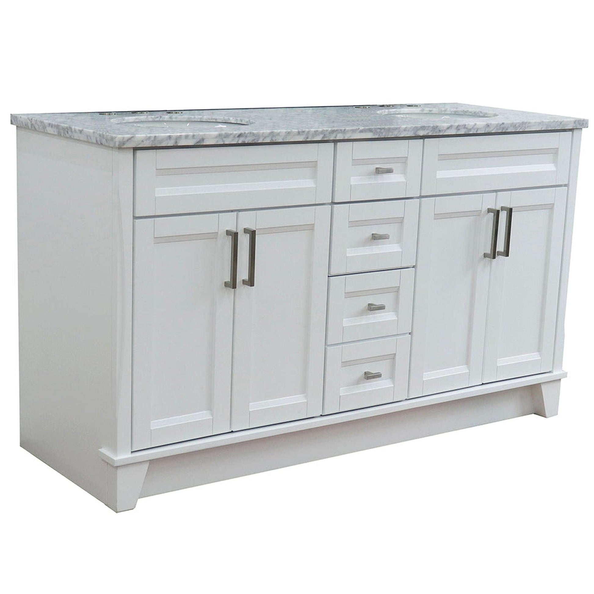 Bellaterra Home Terni 61" 4-Door 3-Drawer White Freestanding Vanity Set With Ceramic Double Undermount Oval Sink And White Carrara Marble Top