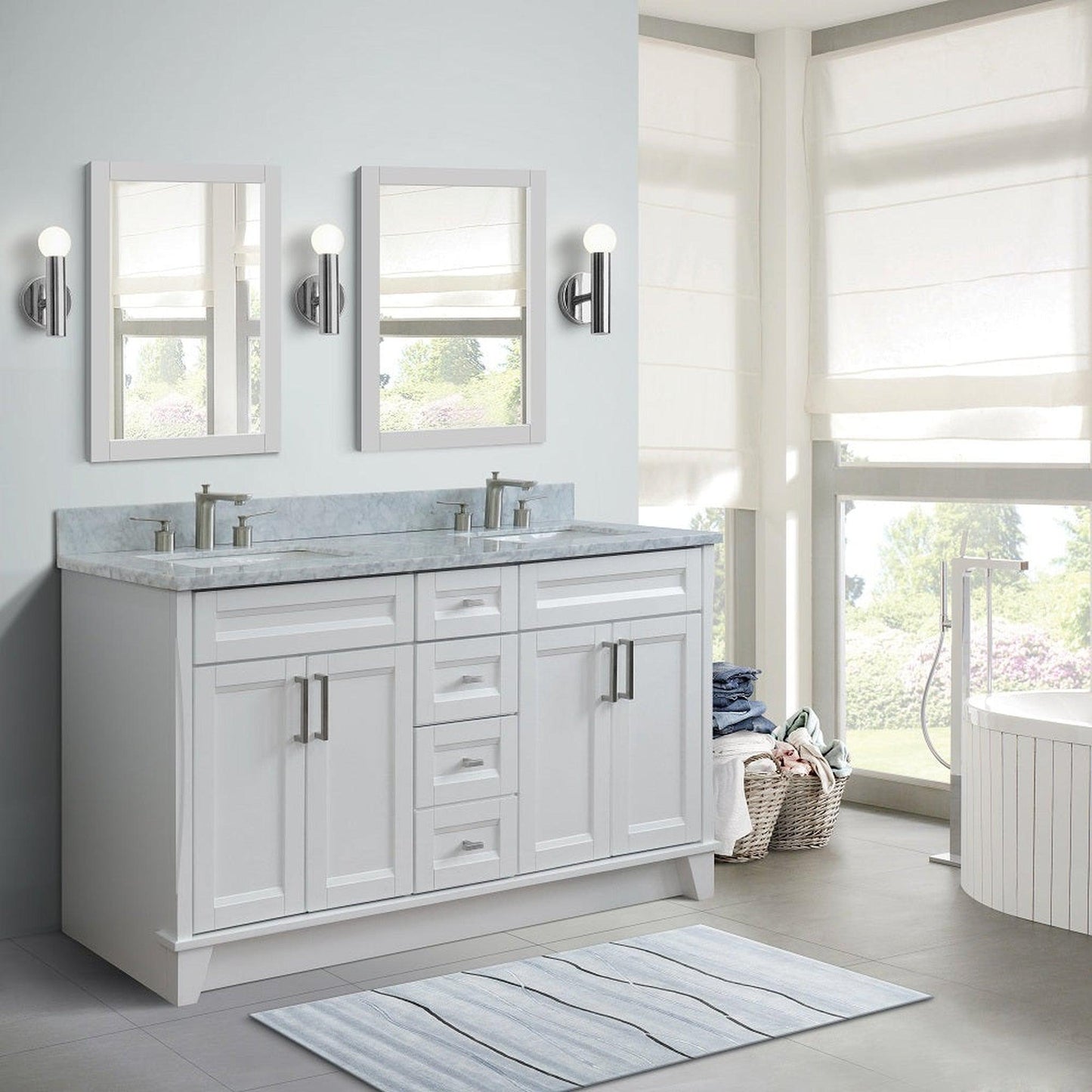 Bellaterra Home Terni 61" 4-Door 3-Drawer White Freestanding Vanity Set With Ceramic Double Undermount Rectangular Sink And White Carrara Marble Top
