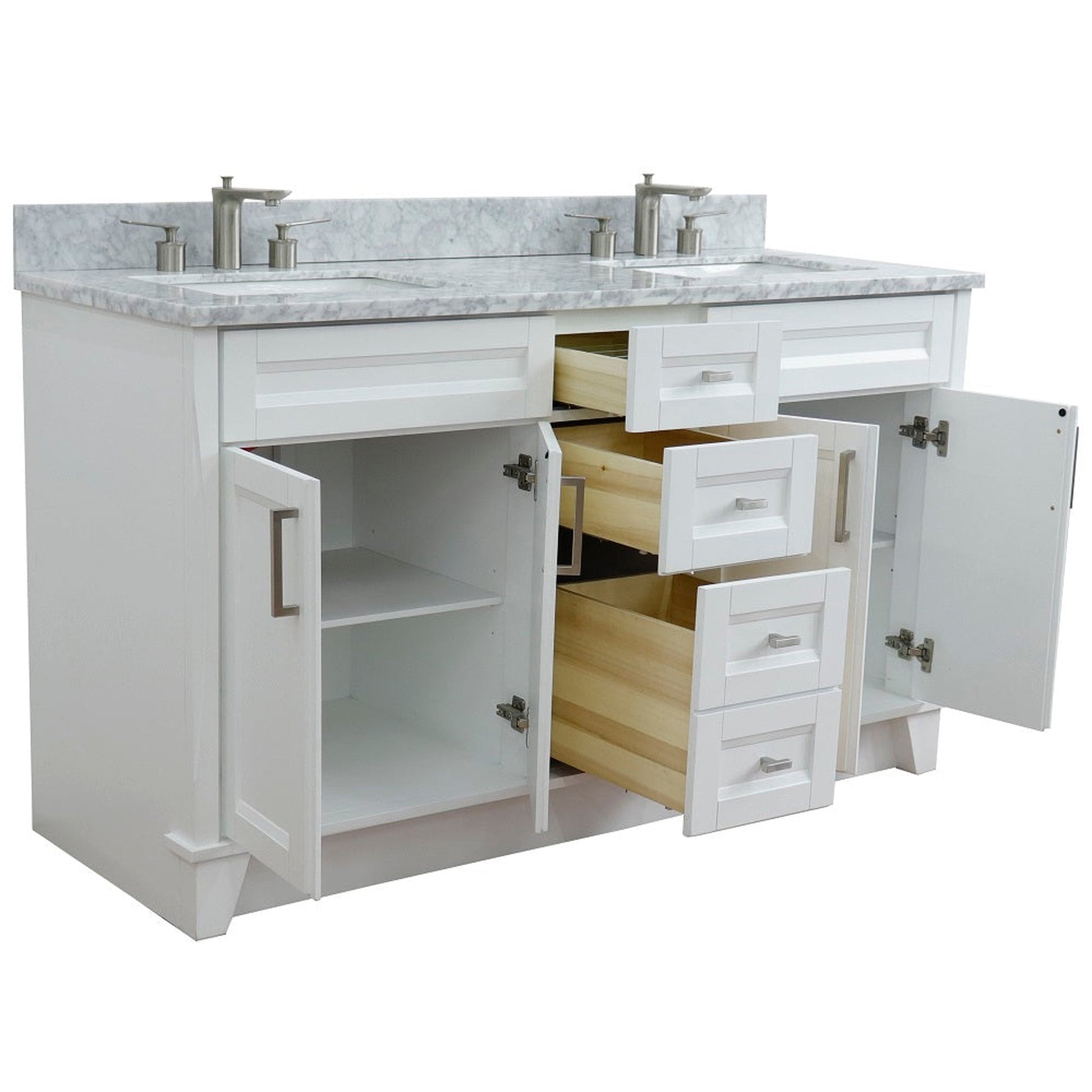 Bellaterra Home Terni 61" 4-Door 3-Drawer White Freestanding Vanity Set With Ceramic Double Undermount Rectangular Sink And White Carrara Marble Top